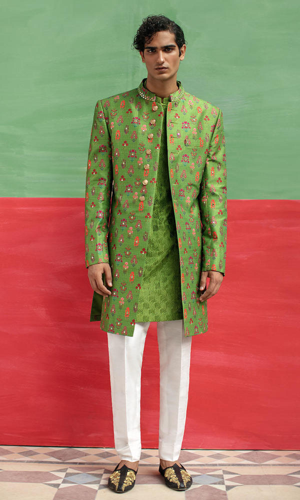Green Printed Silk-Blend Achkan Sherwani (3-Piece) - Image 2