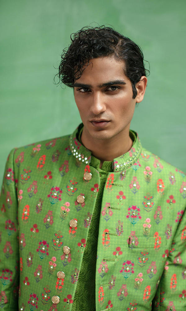 Green Printed Silk-Blend Achkan Sherwani (3-Piece) - Image 3