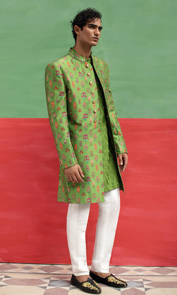 Green Printed Silk-Blend Achkan Sherwani (3-Piece) - Image 4
