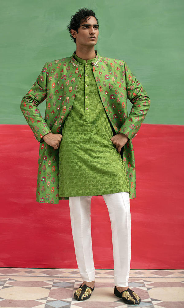 Green Printed Silk-Blend Achkan Sherwani (3-Piece) - Image 5