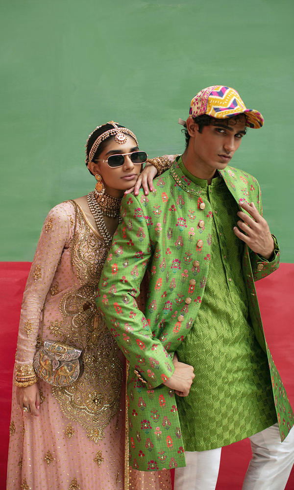 Green Printed Silk-Blend Achkan Sherwani (3-Piece) - Image 7