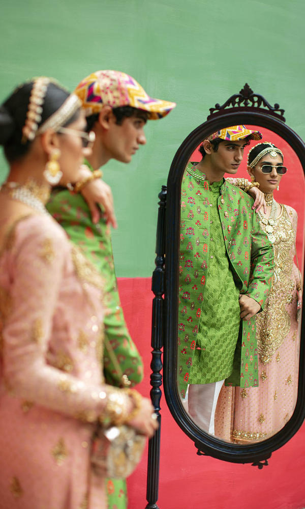 Green Printed Silk-Blend Achkan Sherwani (3-Piece) - Image 8