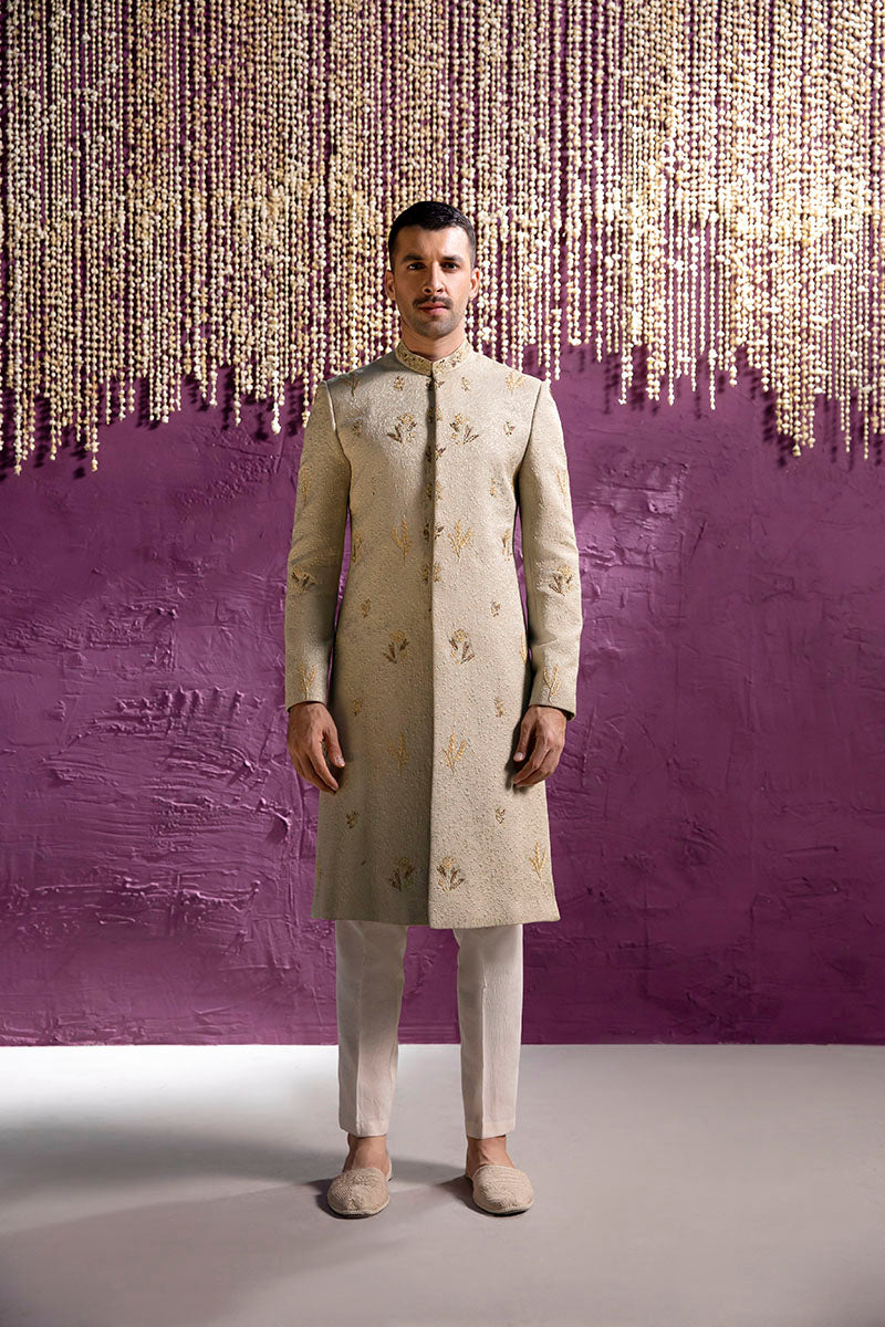 Pistachio Green Embroidered Silk-Blend Sherwani (2-Piece) - Image 2