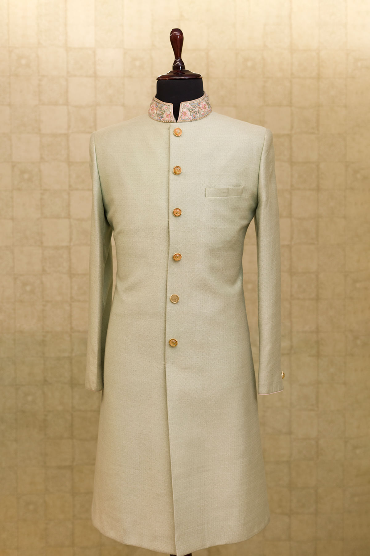 Light Mint Resham Zardozi Silk Sherwani (2-Piece) - Image 1