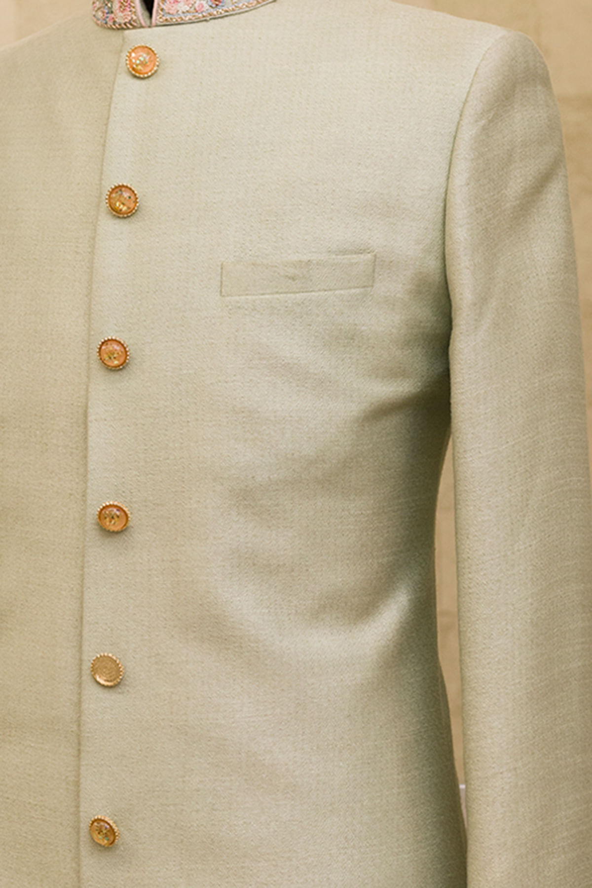 Light Mint Resham Zardozi Silk Sherwani (2-Piece) - Image 2