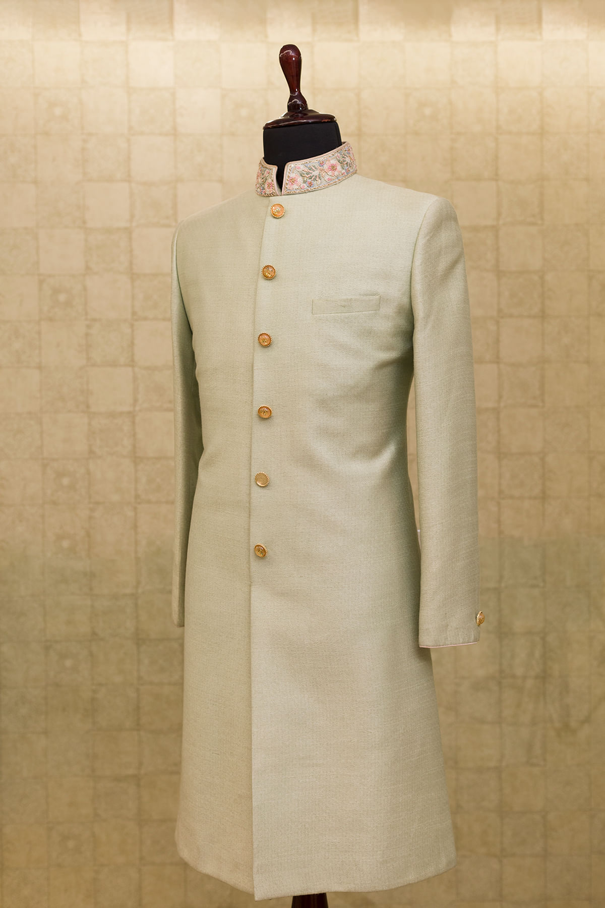 Light Mint Resham Zardozi Silk Sherwani (2-Piece) - Image 3
