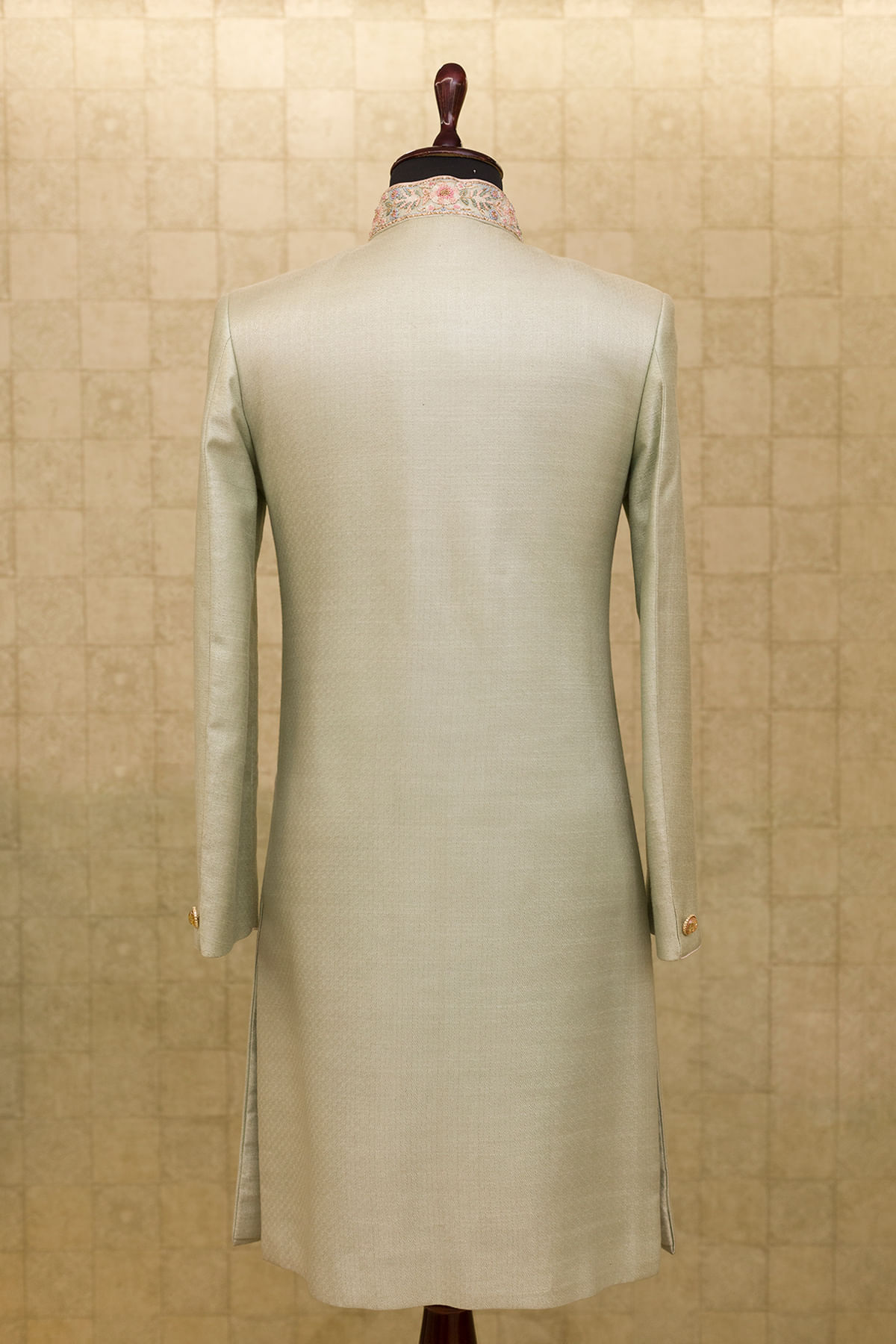 Light Mint Resham Zardozi Silk Sherwani (2-Piece) - Image 4