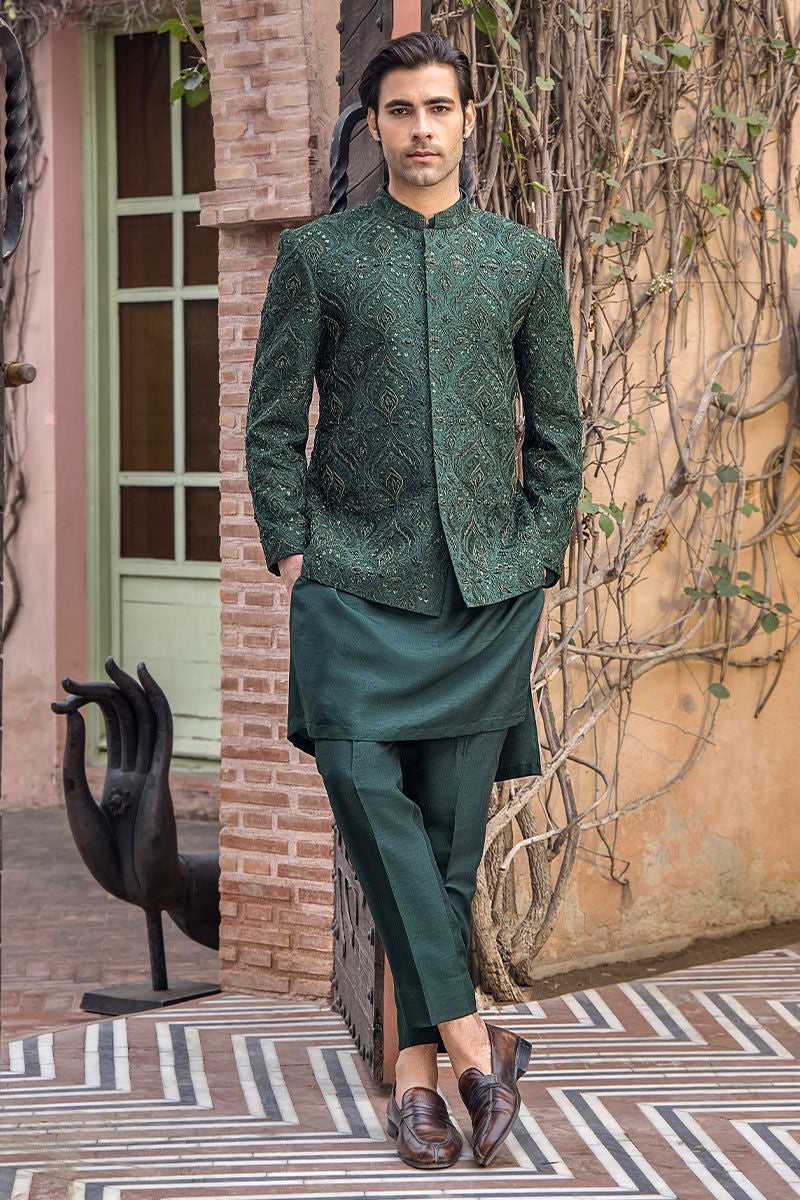 Emerald Green Zardozi Pure Silk Sherwani (3-Piece) - Image 1