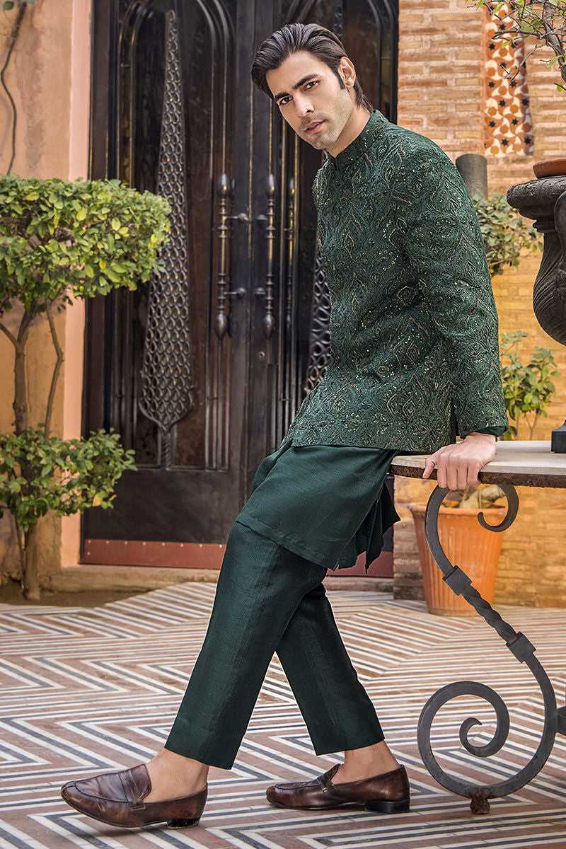 Emerald Green Zardozi Pure Silk Sherwani (3-Piece) - Image 2