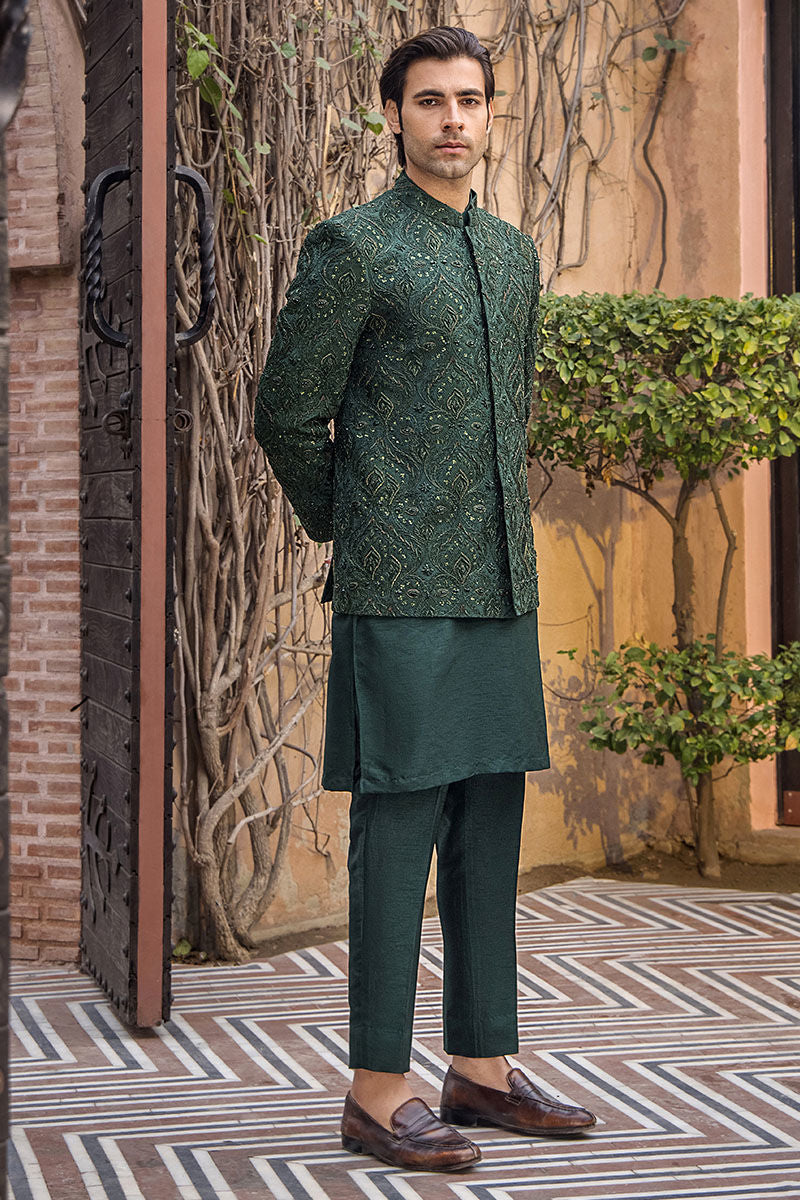 Emerald Green Zardozi Pure Silk Sherwani (3-Piece) - Image 4
