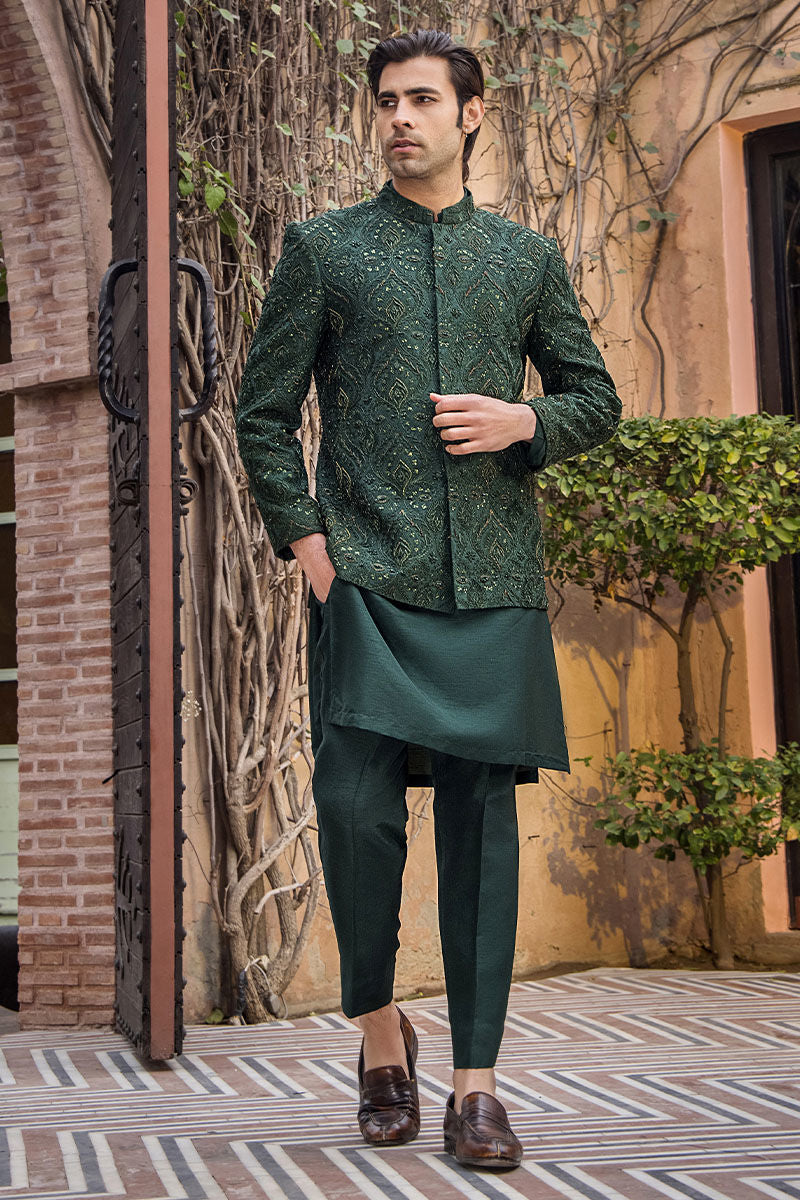 Emerald Green Zardozi Pure Silk Sherwani (3-Piece) - Image 5