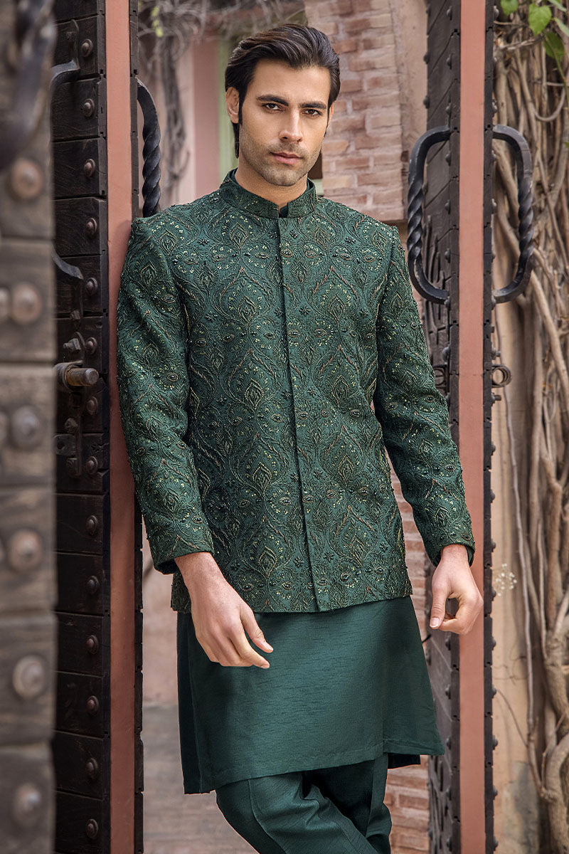 Emerald Green Zardozi Pure Silk Sherwani (3-Piece) - Image 7