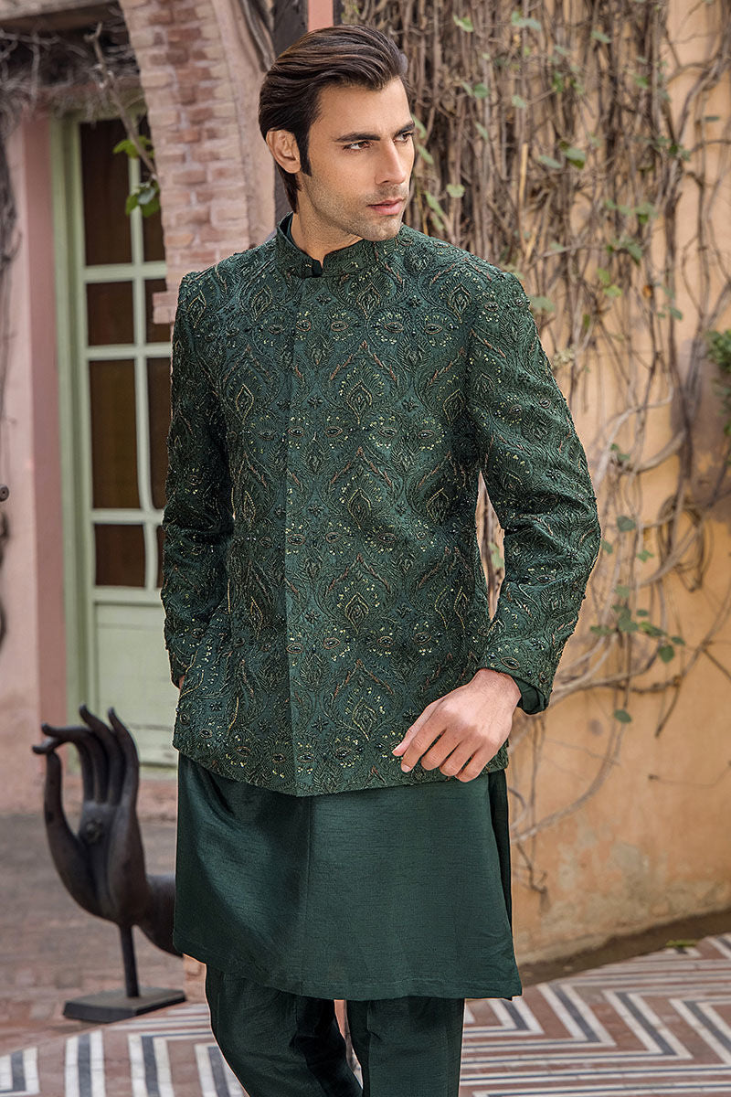 Emerald Green Zardozi Pure Silk Sherwani (3-Piece) - Image 8