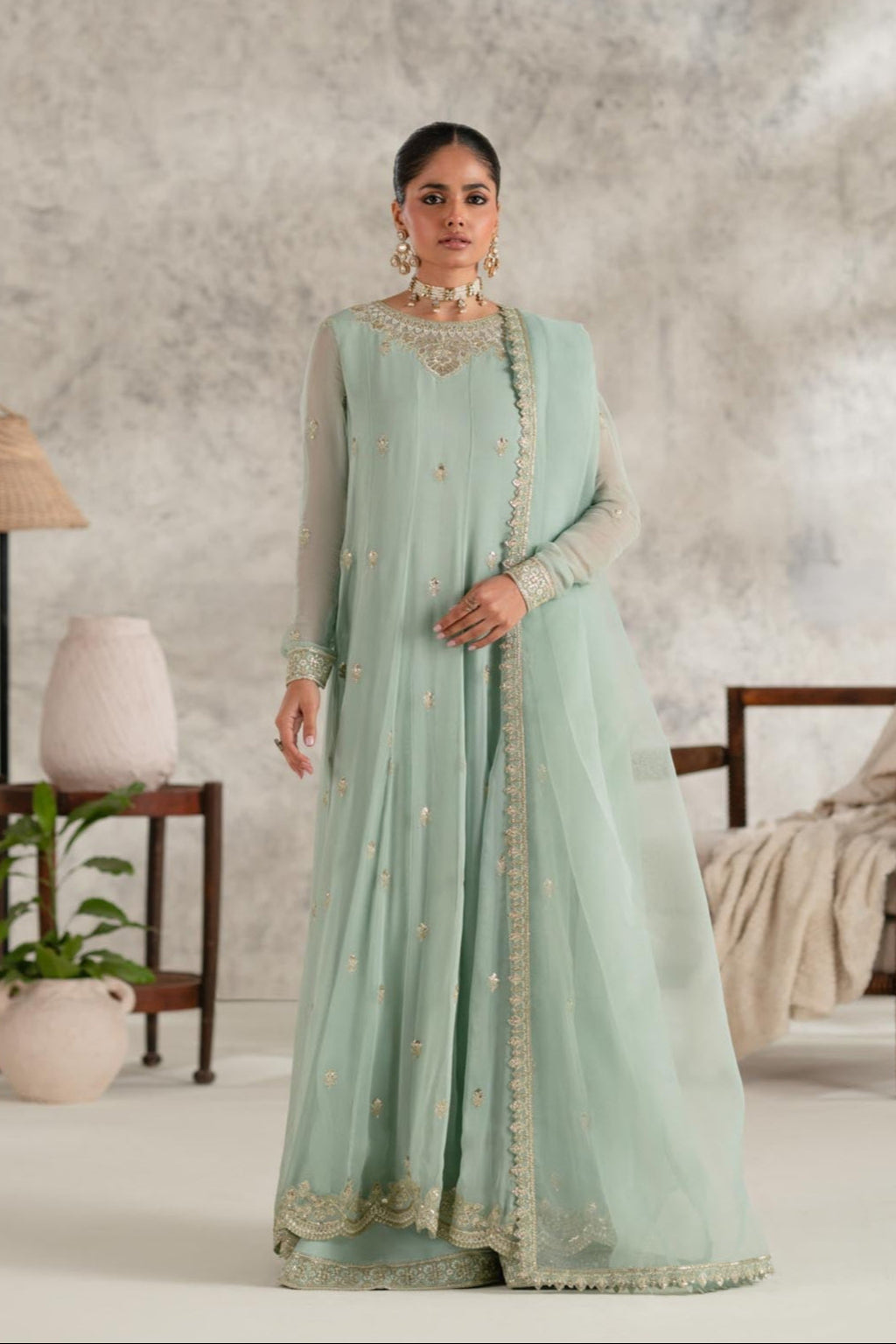 Pakistani Mint Green Embroidered Chiffon Anarkali Dress (2-Piece) - Image 1