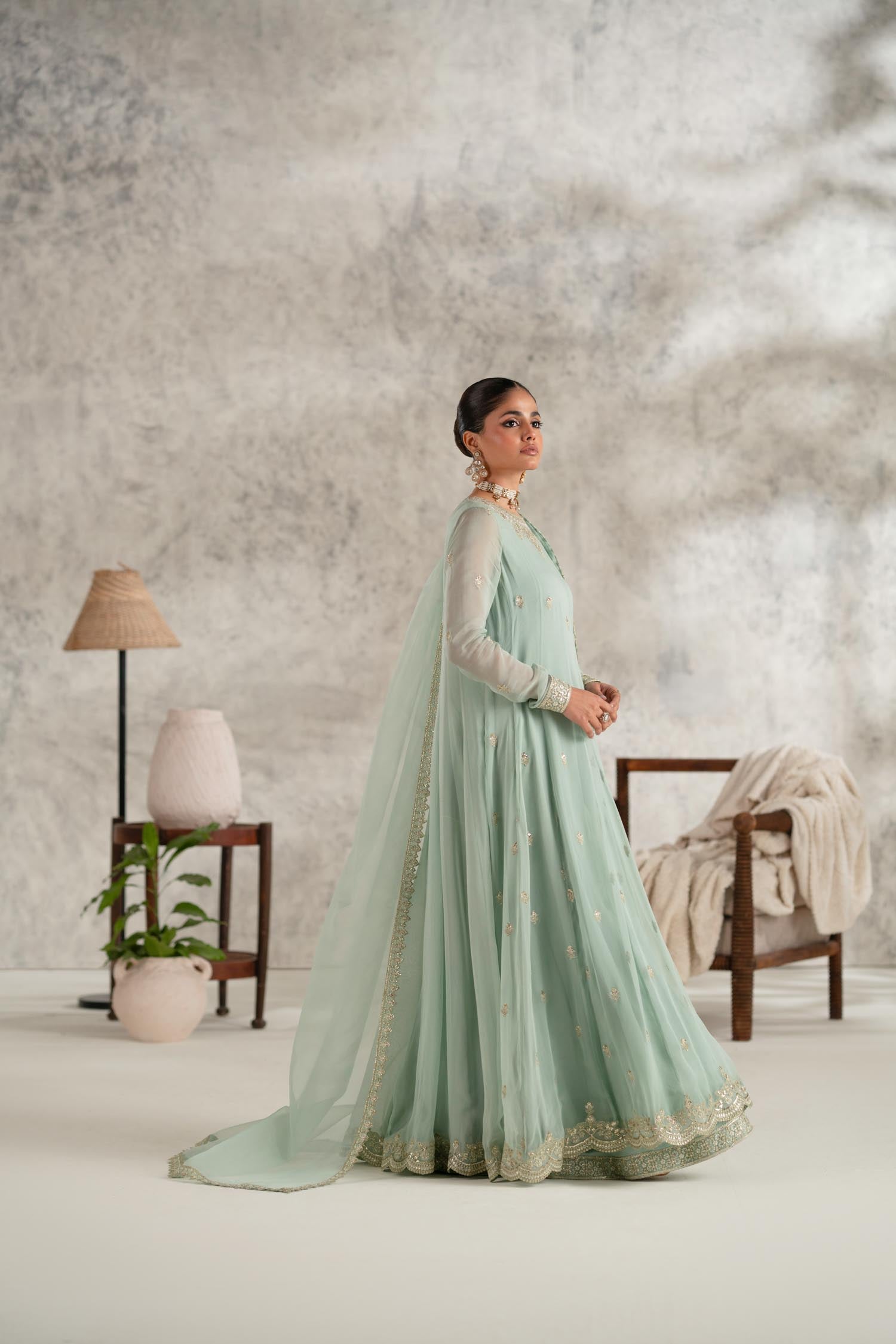 Pakistani Mint Green Embroidered Chiffon Anarkali Dress (2-Piece) - Image 3