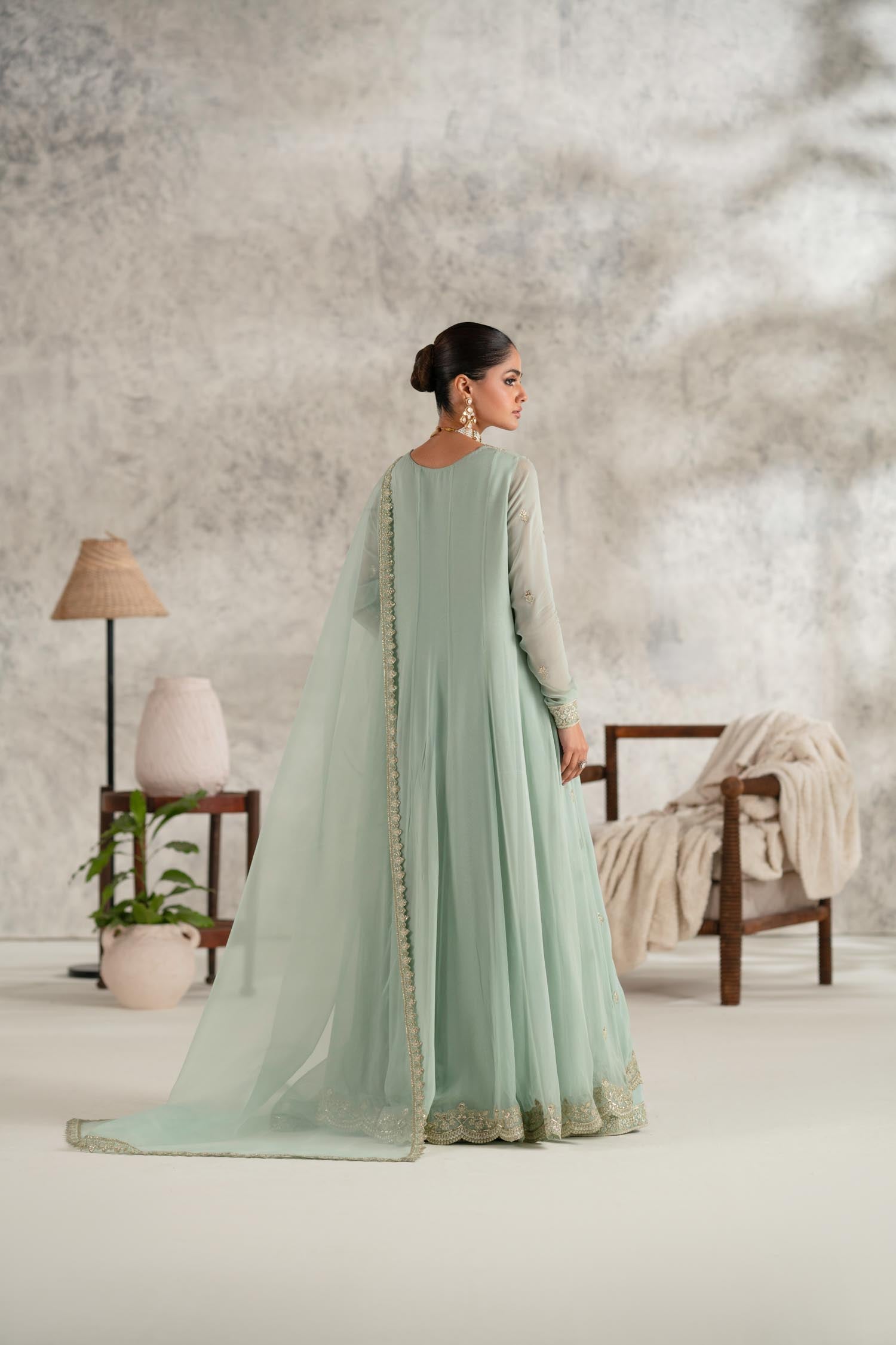 Pakistani Mint Green Embroidered Chiffon Anarkali Dress (2-Piece) - Image 4