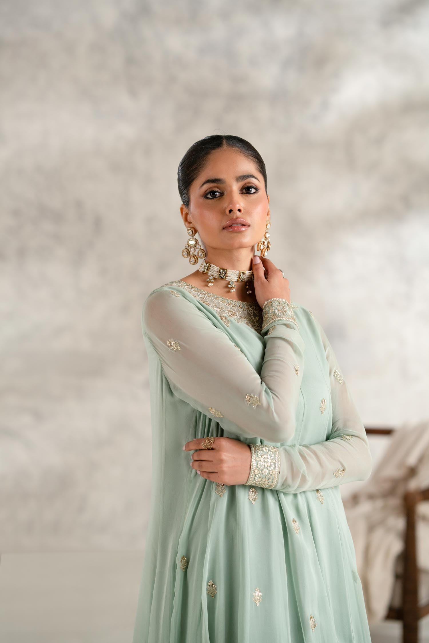 Pakistani Mint Green Embroidered Chiffon Anarkali Dress (2-Piece) - Image 5