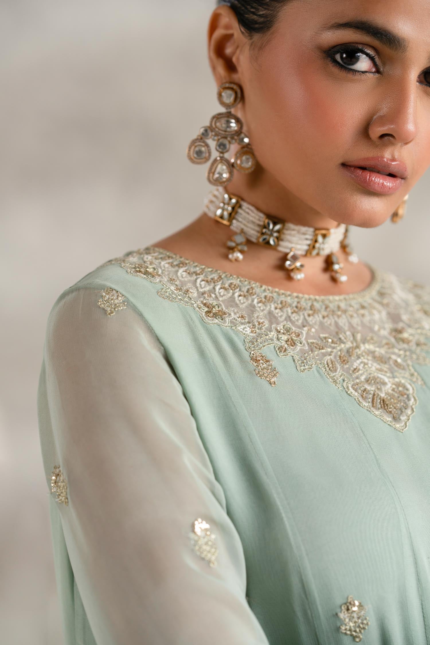 Pakistani Mint Green Embroidered Chiffon Anarkali Dress (2-Piece) - Image 6