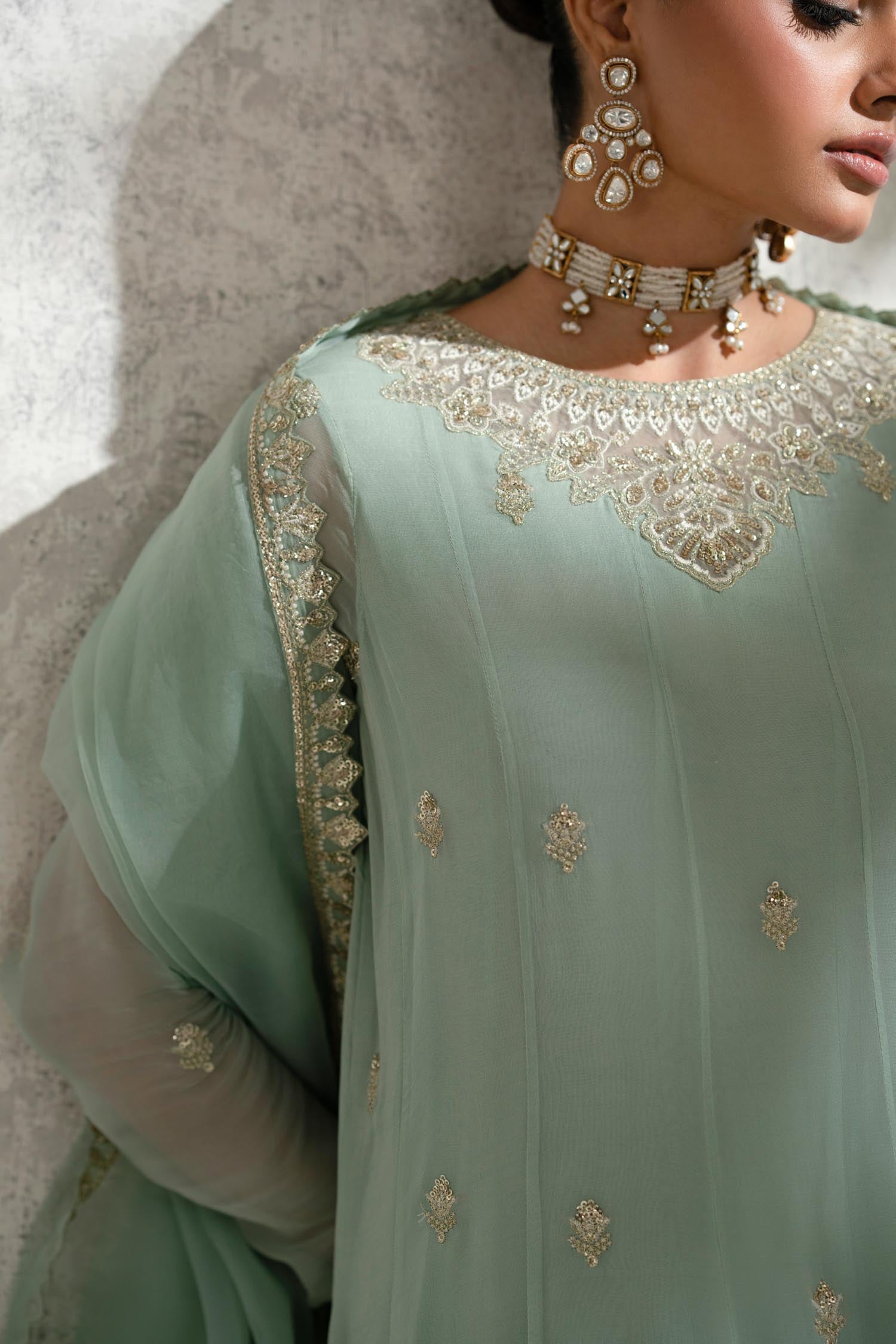 Pakistani Mint Green Embroidered Chiffon Anarkali Dress (2-Piece) - Image 8