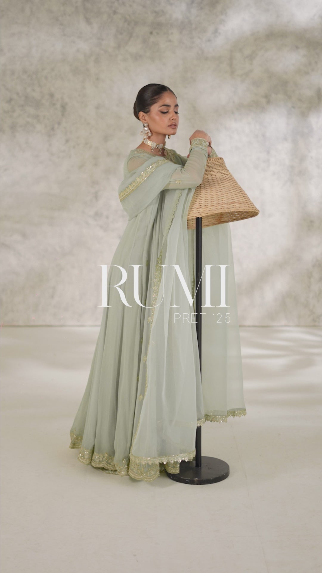 Pakistani Mint Green Embroidered Chiffon Anarkali Dress (2-Piece) - Image 9