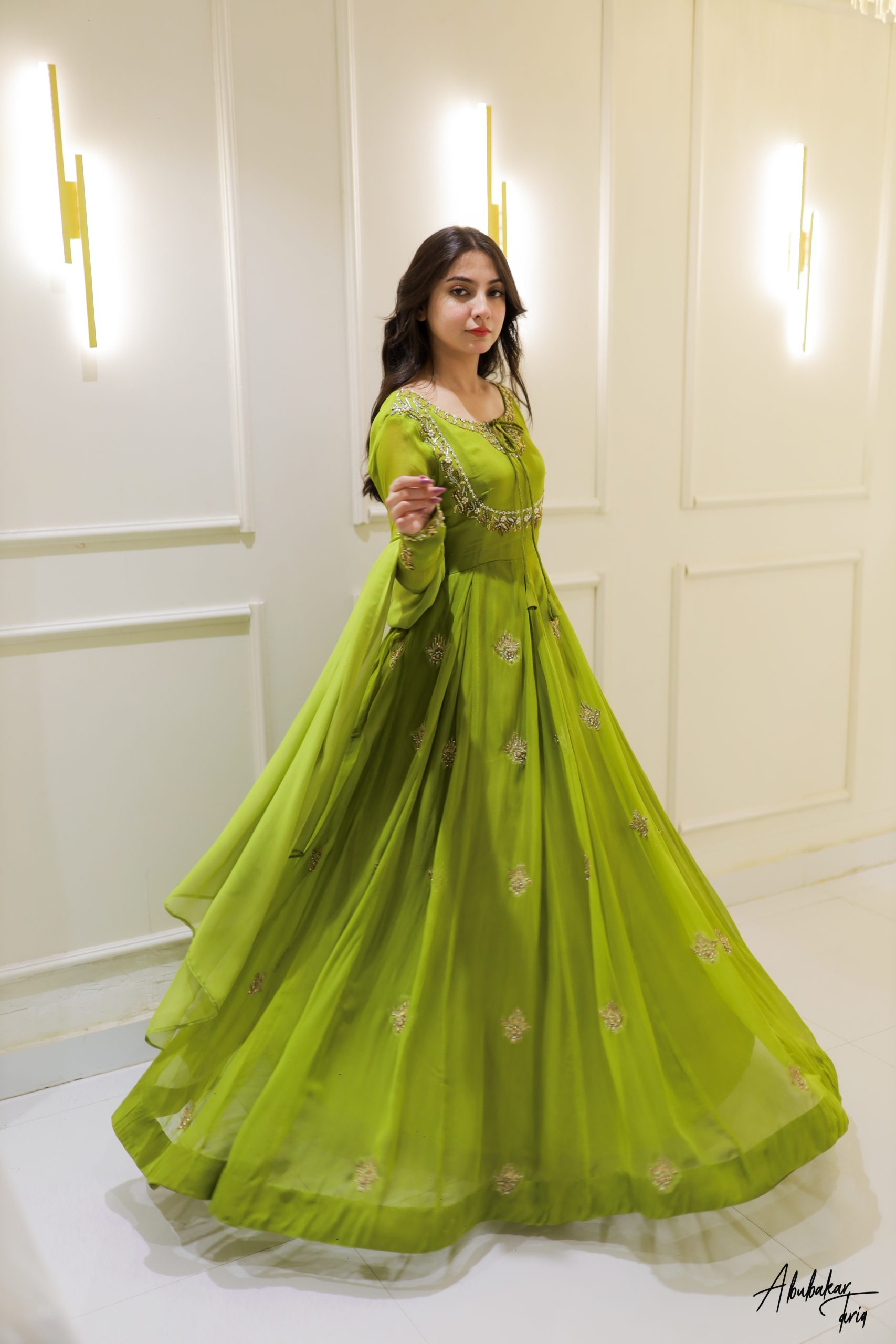 Indian Green Hand-Embellished Chiffon Anarkali Dress (2-Piece) - Image 1