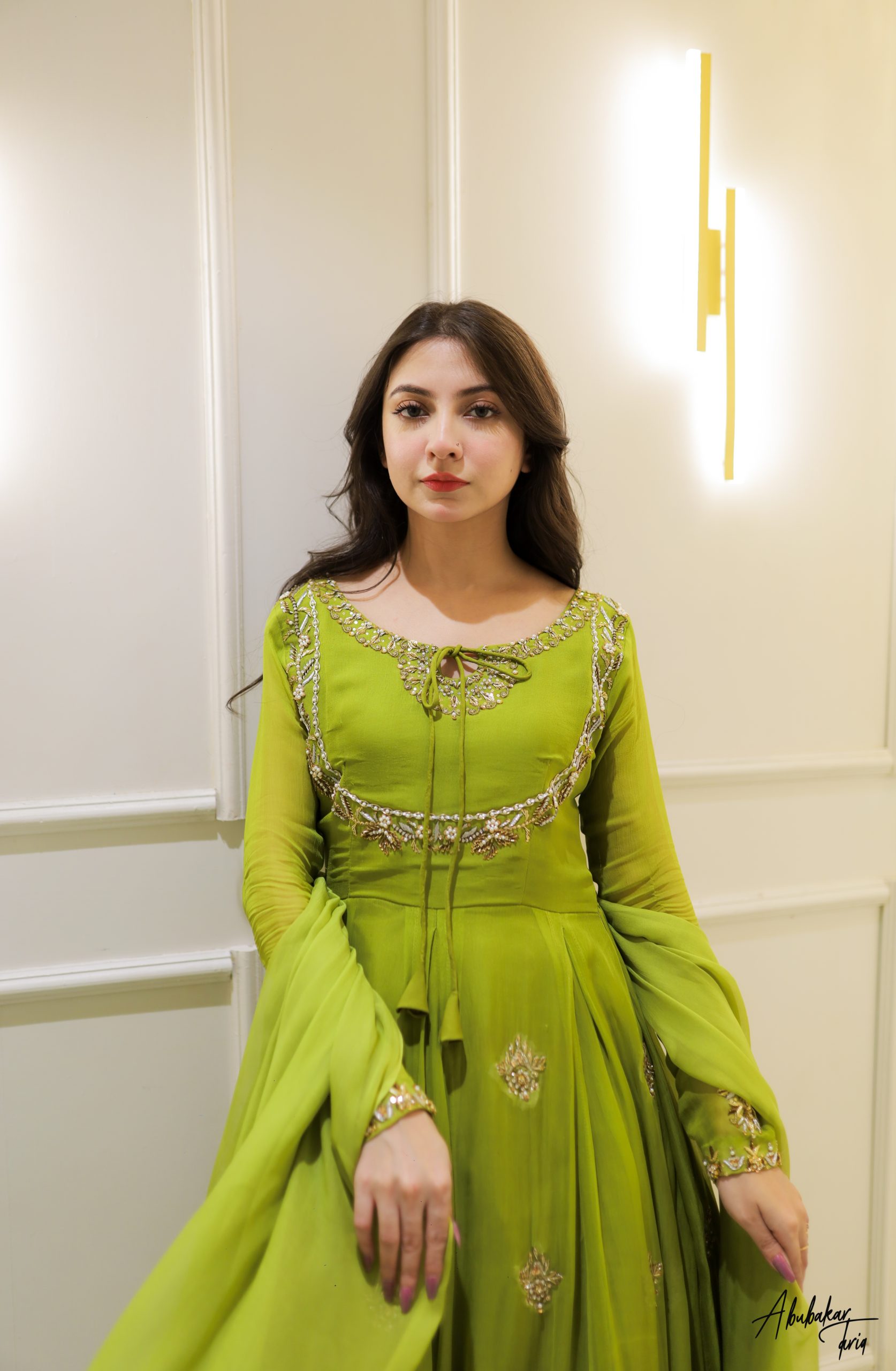 Indian Green Hand-Embellished Chiffon Anarkali Dress (2-Piece) - Image 6
