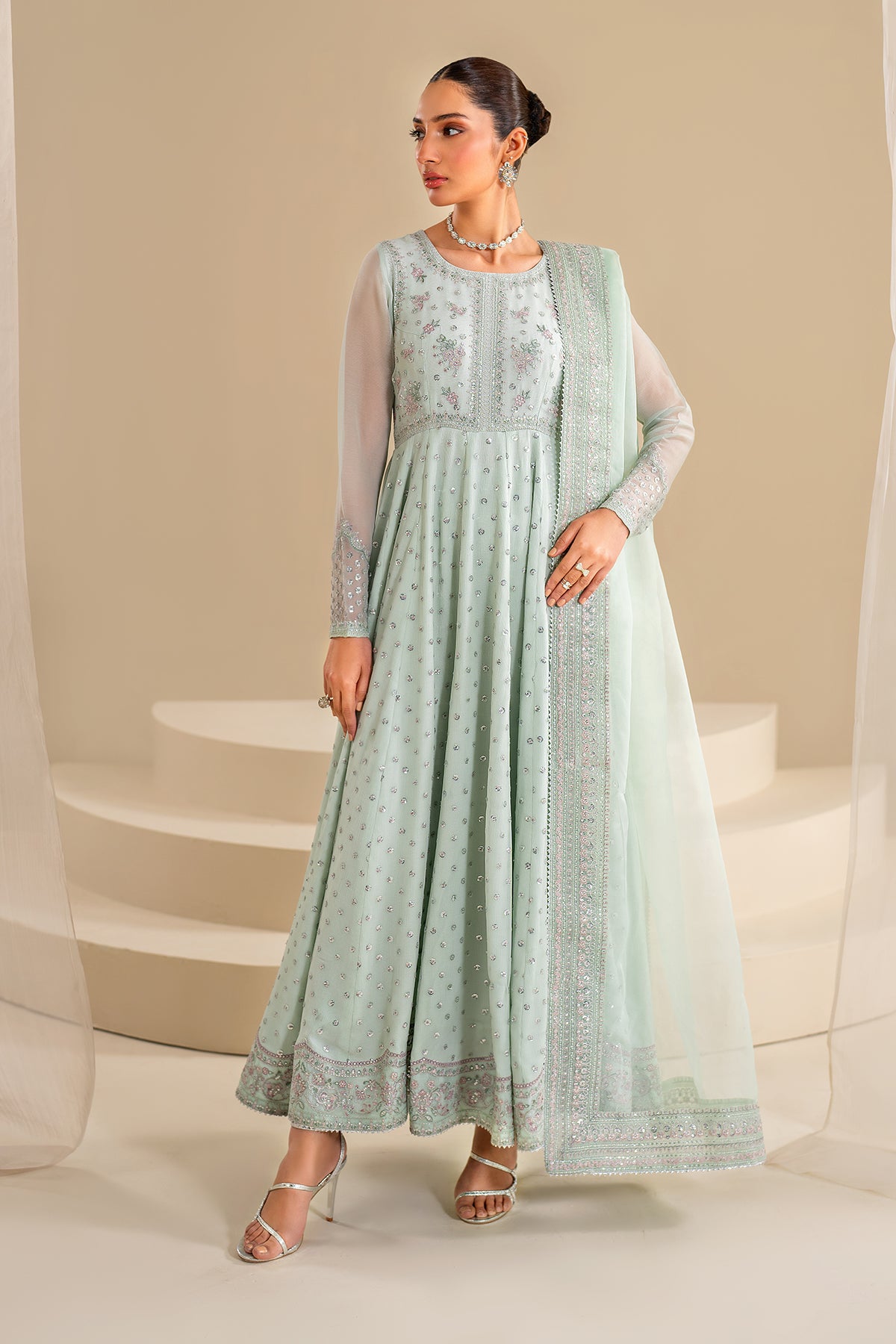 Mint Green Embroidered Chiffon Anarkali Dress (3-Piece) - Image 1