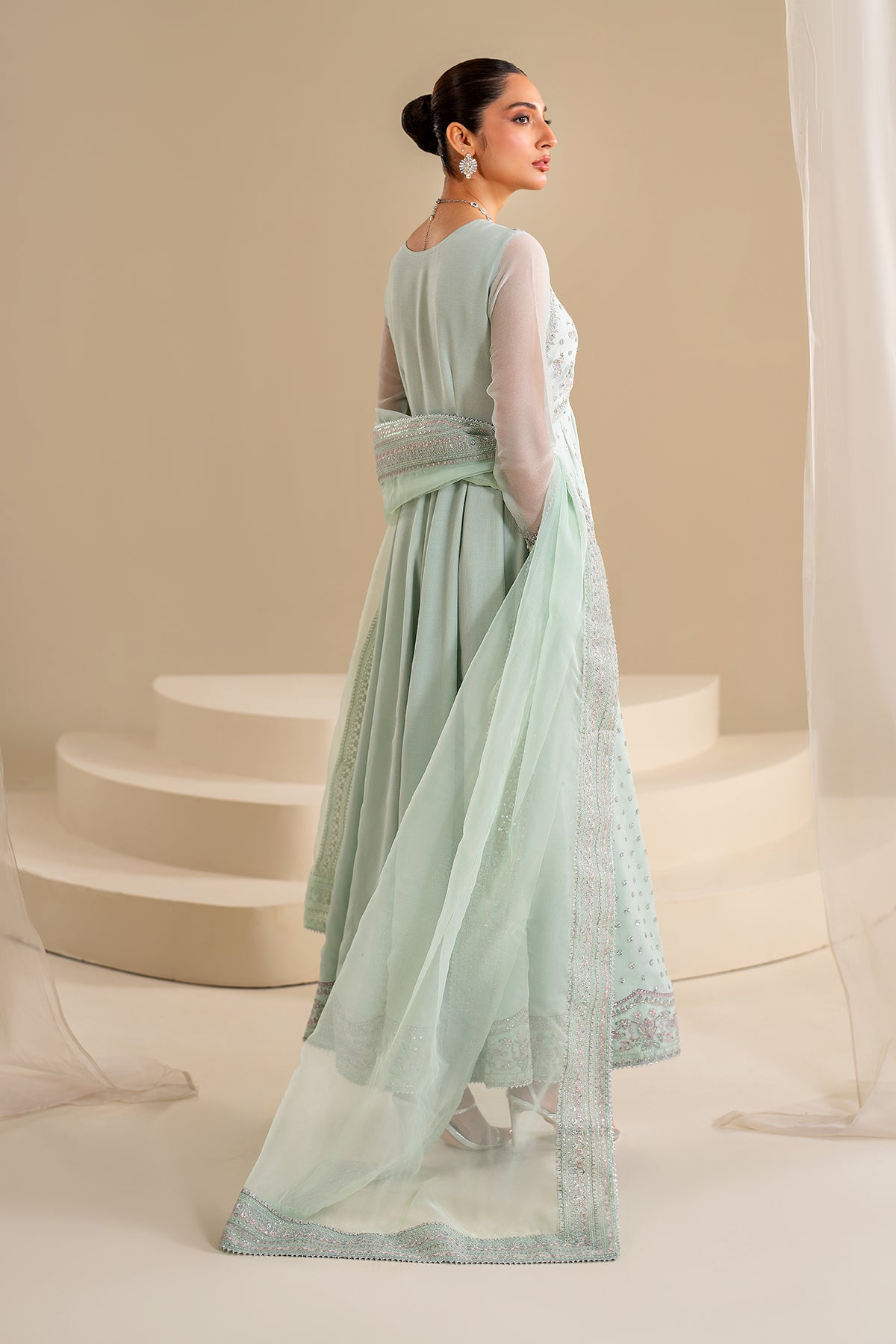 Mint Green Embroidered Chiffon Anarkali Dress (3-Piece) - Image 2