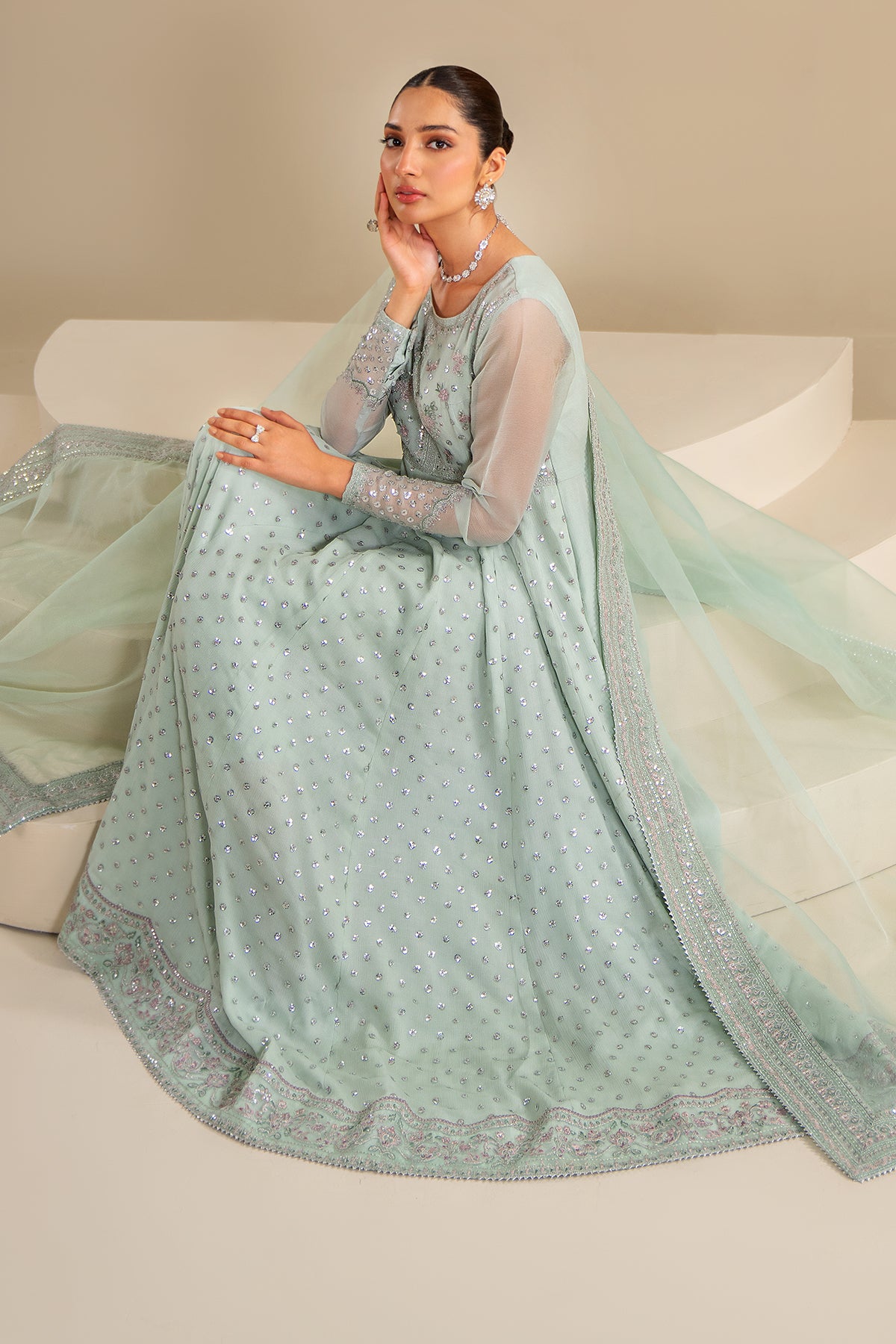Mint Green Embroidered Chiffon Anarkali Dress (3-Piece) - Image 3
