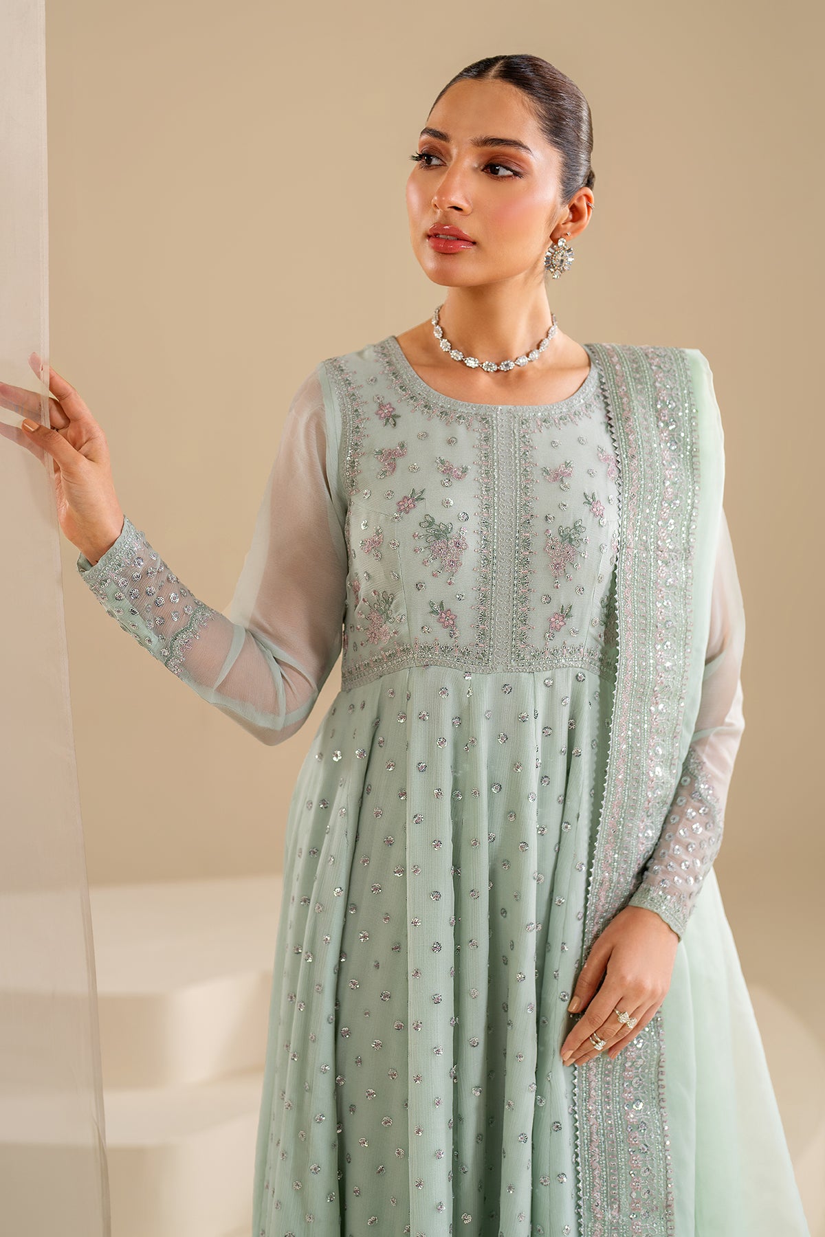 Mint Green Embroidered Chiffon Anarkali Dress (3-Piece) - Image 4