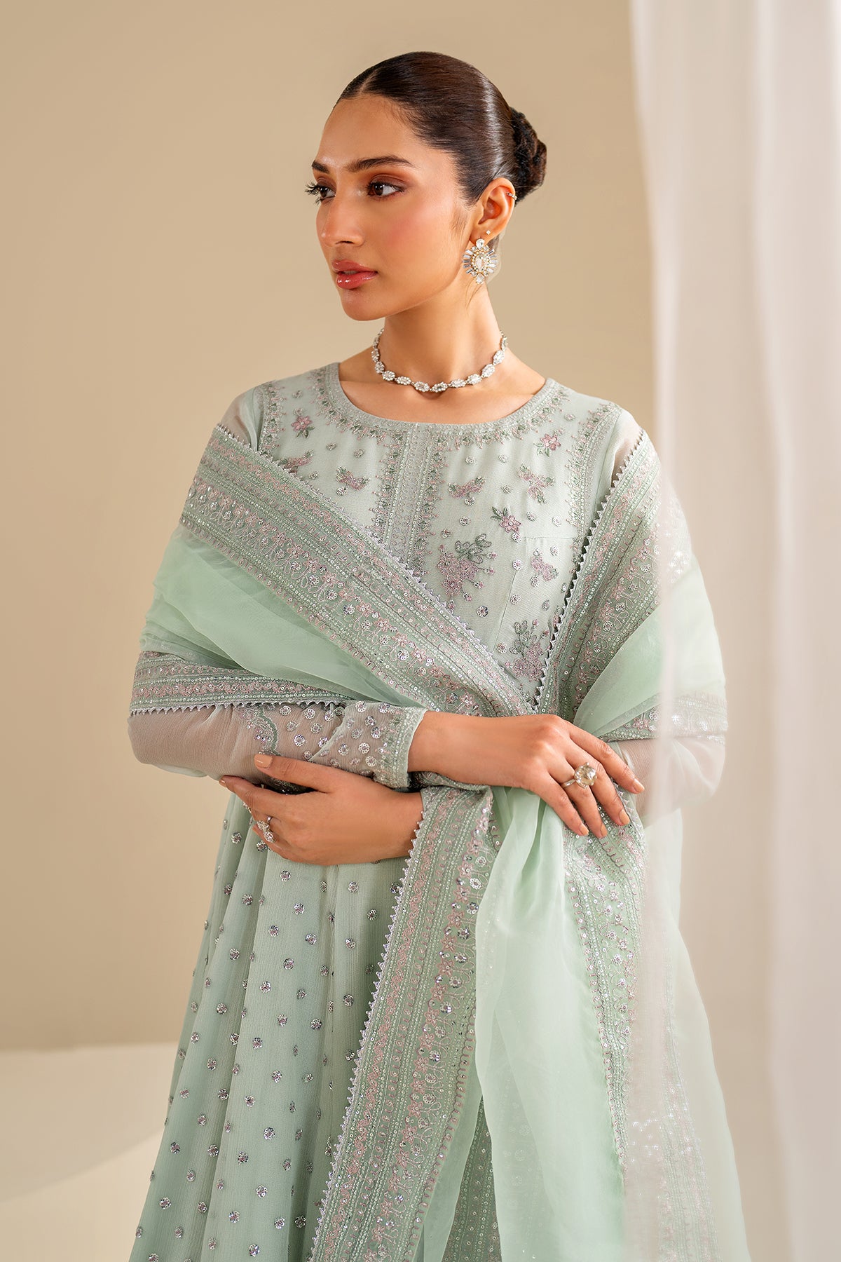 Mint Green Embroidered Chiffon Anarkali Dress (3-Piece) - Image 5