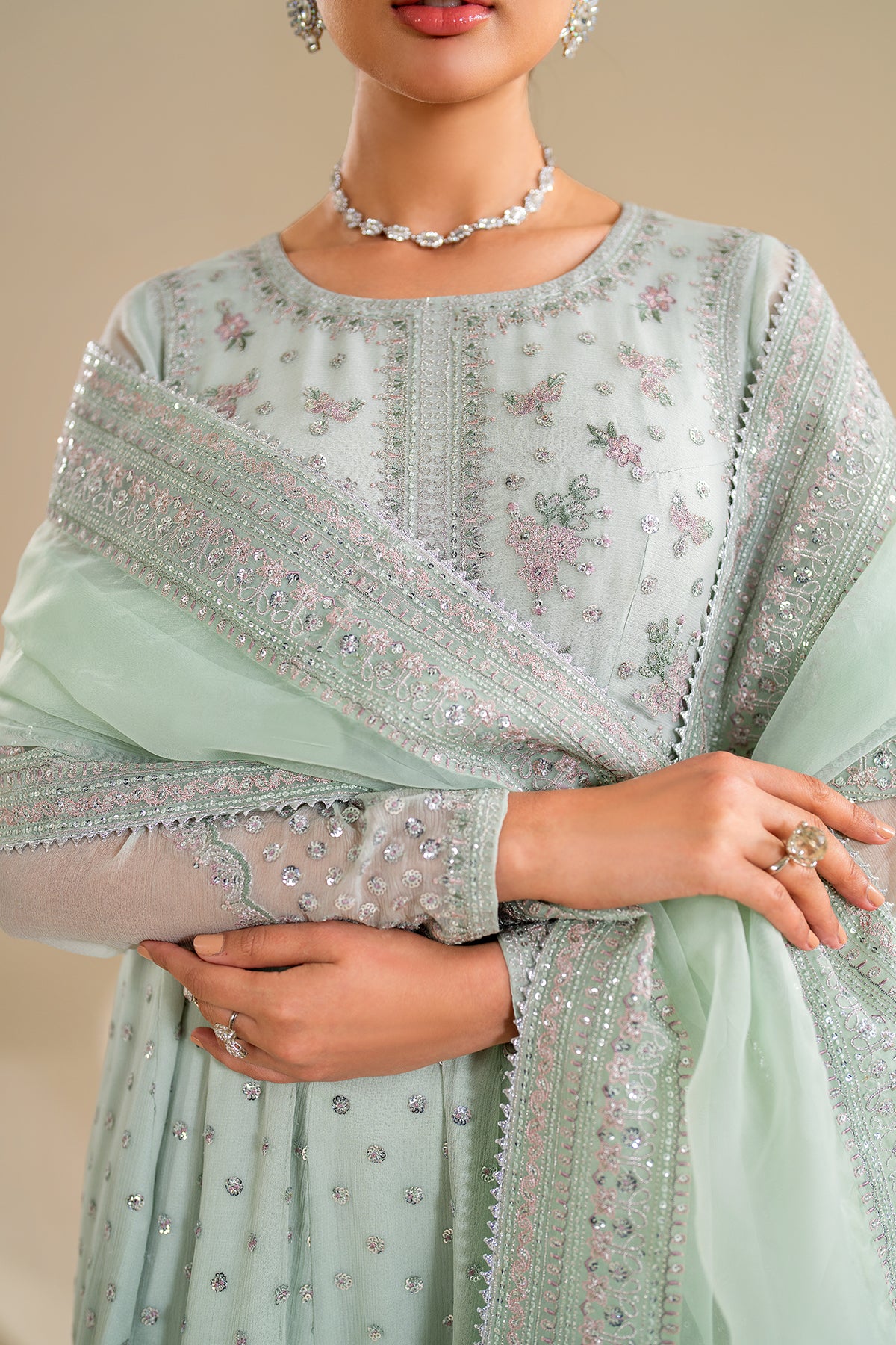 Mint Green Embroidered Chiffon Anarkali Dress (3-Piece) - Image 6
