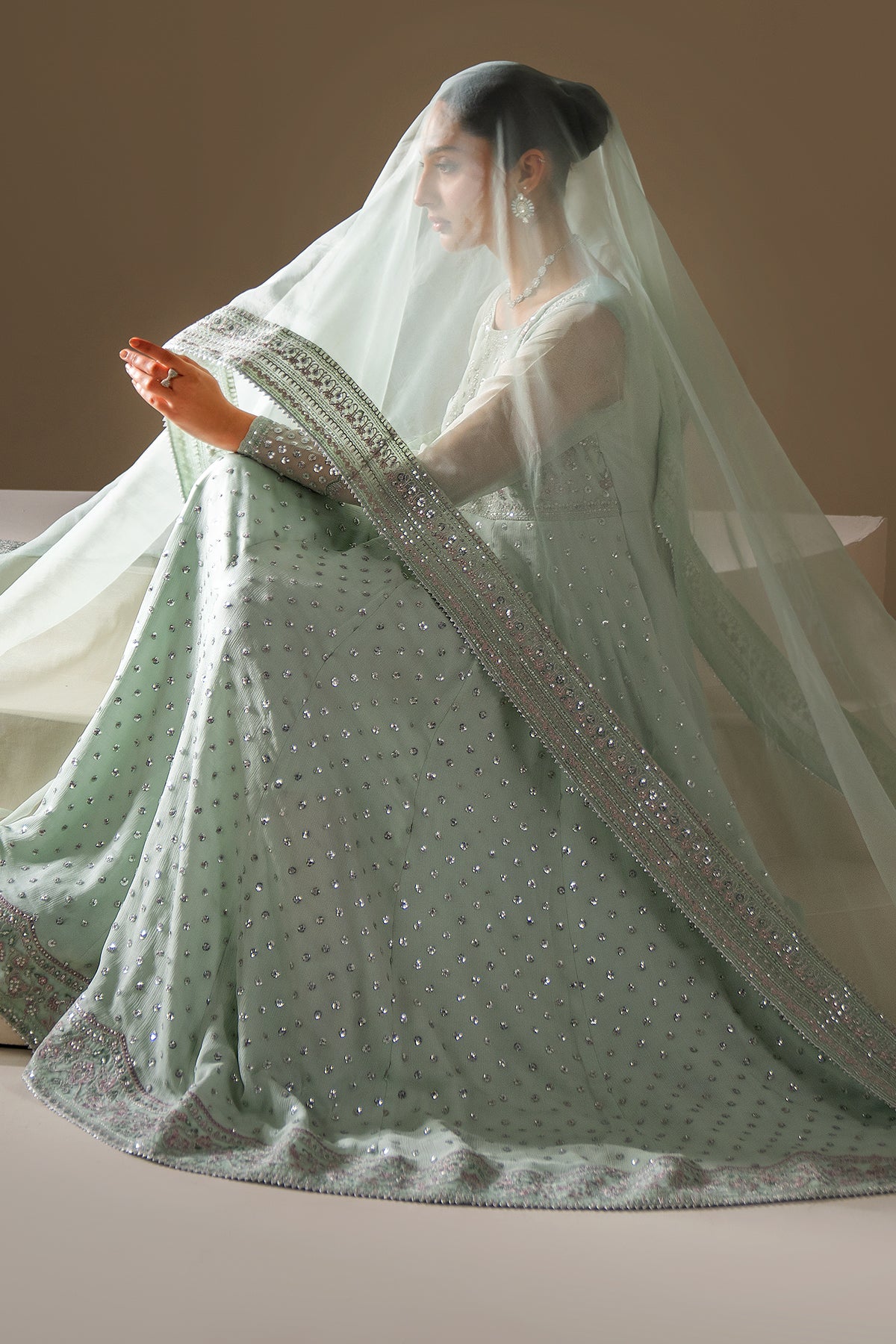 Mint Green Embroidered Chiffon Anarkali Dress (3-Piece) - Image 7