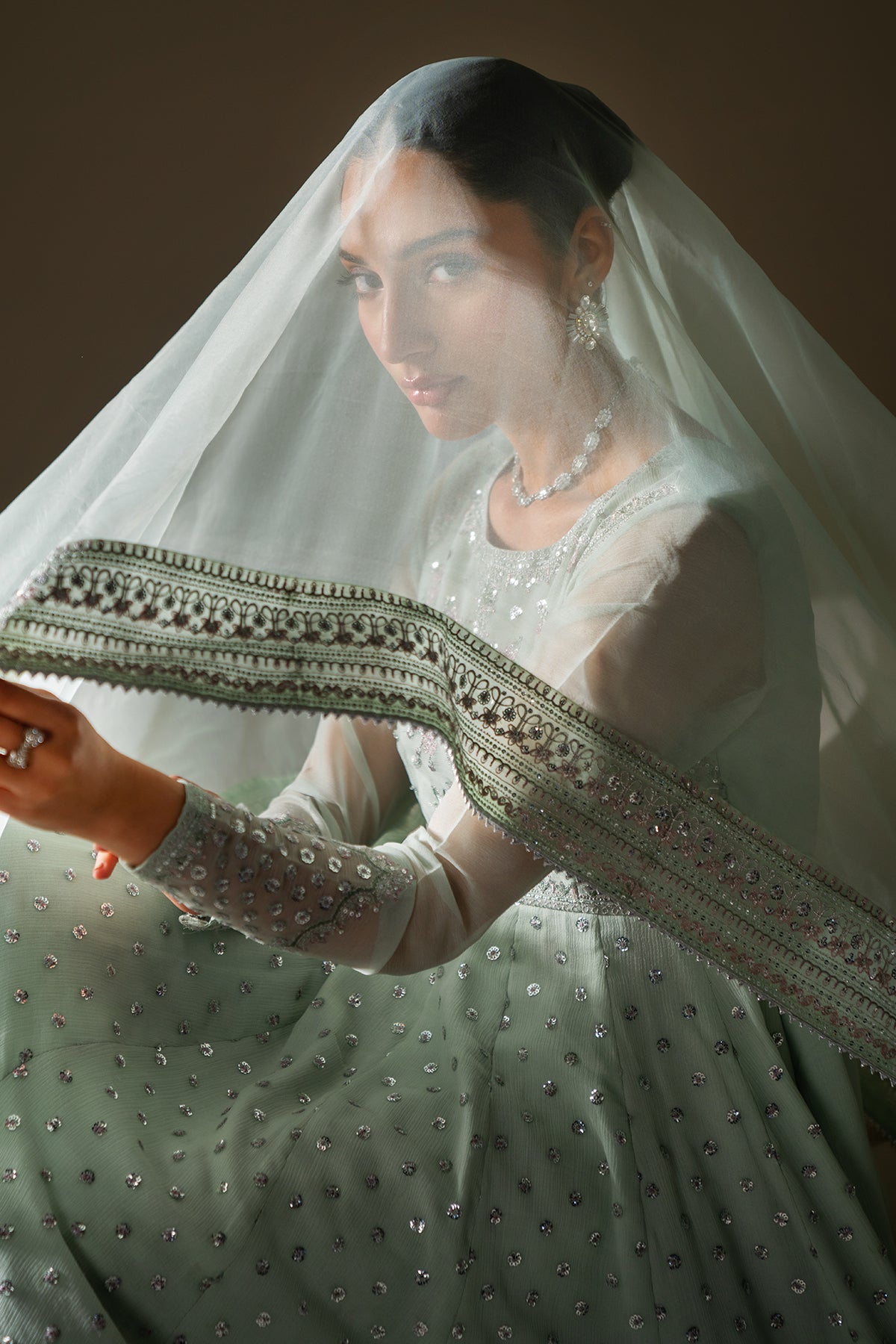 Mint Green Embroidered Chiffon Anarkali Dress (3-Piece) - Image 8