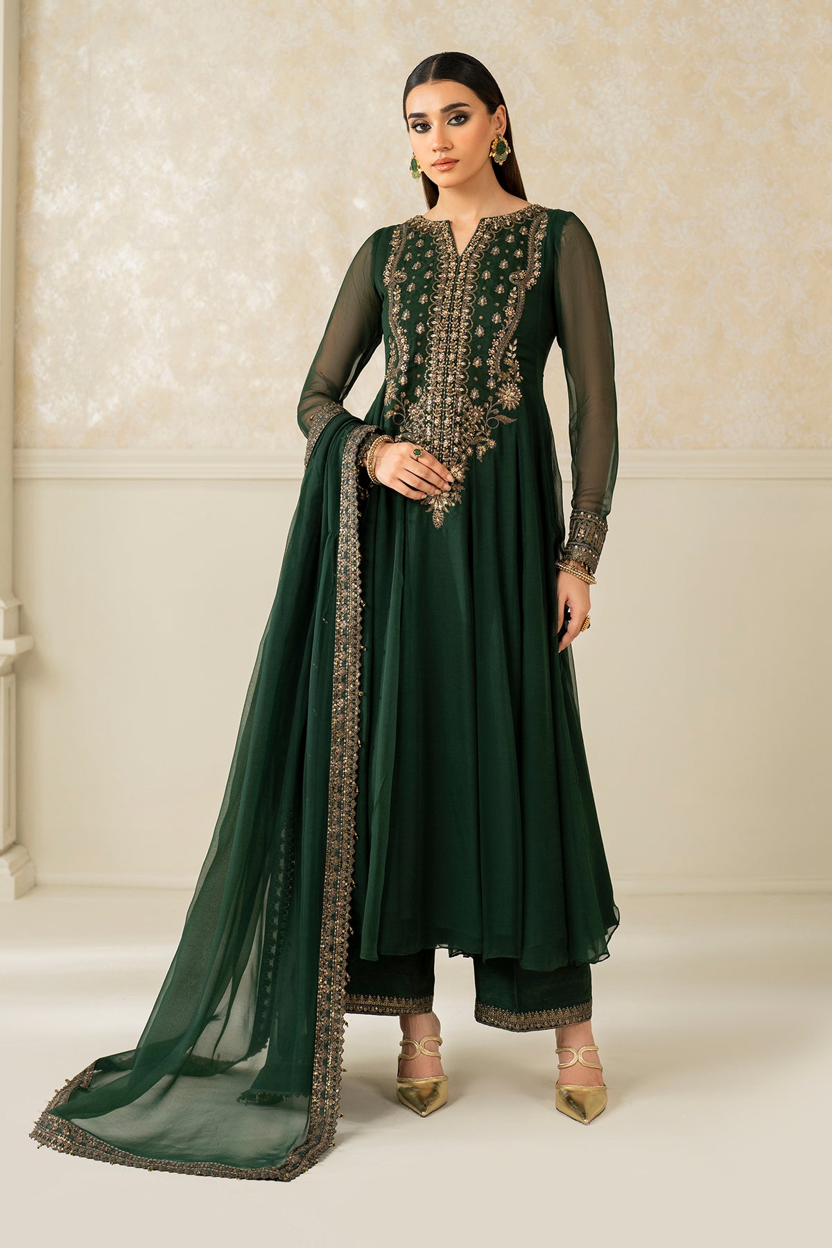 Pakistani Deep Green Embroidered Chiffon Anarkali Dress (3-Piece) - Image 1