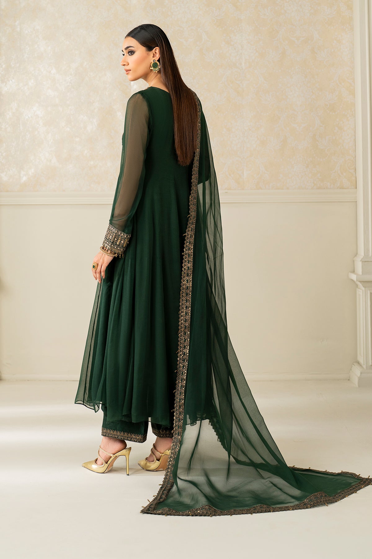 Pakistani Deep Green Embroidered Chiffon Anarkali Dress (3-Piece) - Image 2