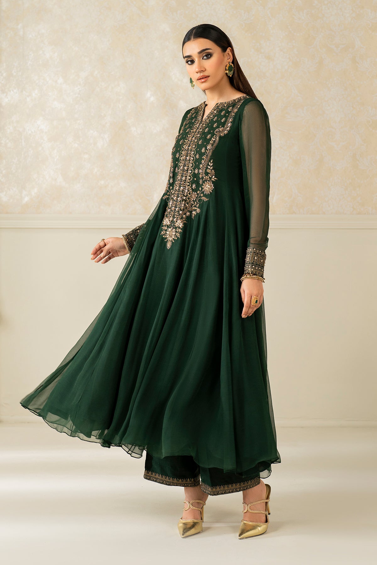 Pakistani Deep Green Embroidered Chiffon Anarkali Dress (3-Piece) - Image 3