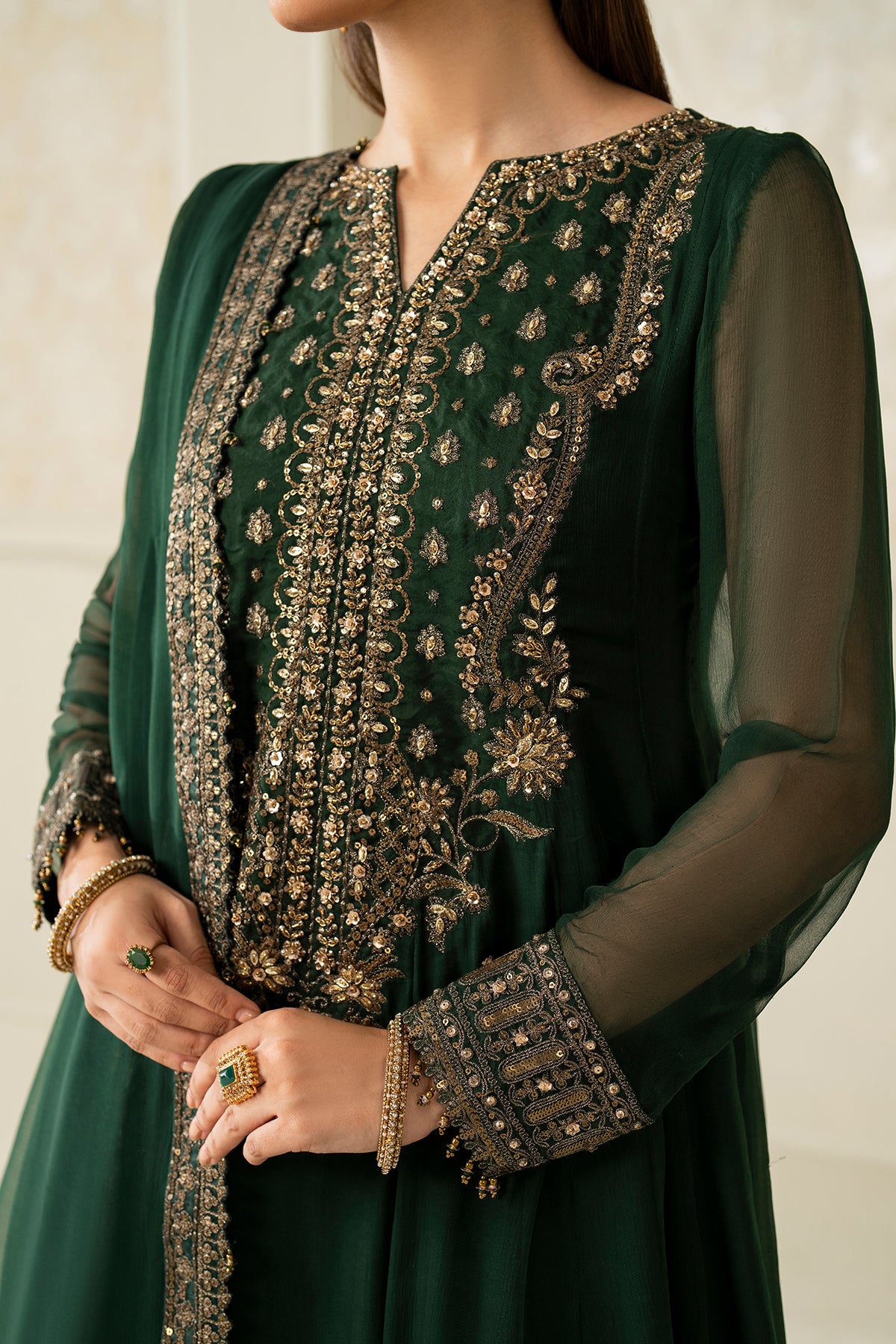 Pakistani Deep Green Embroidered Chiffon Anarkali Dress (3-Piece) - Image 4