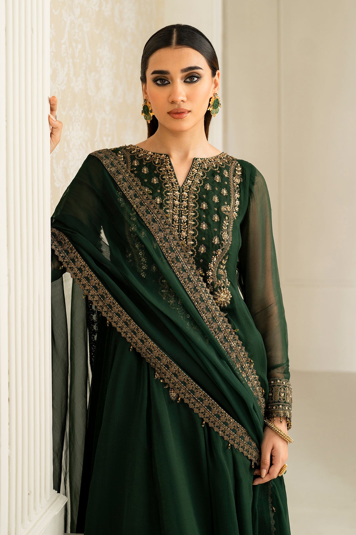 Pakistani Deep Green Embroidered Chiffon Anarkali Dress (3-Piece) - Image 5