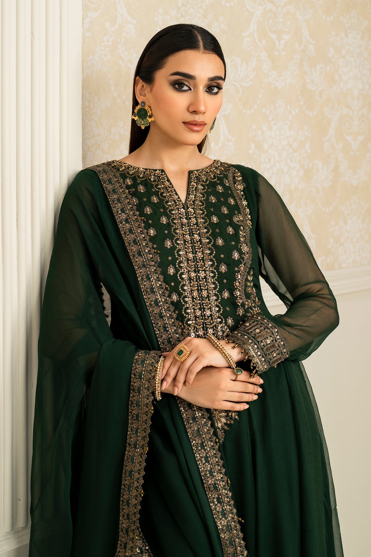 Pakistani Deep Green Embroidered Chiffon Anarkali Dress (3-Piece) - Image 6