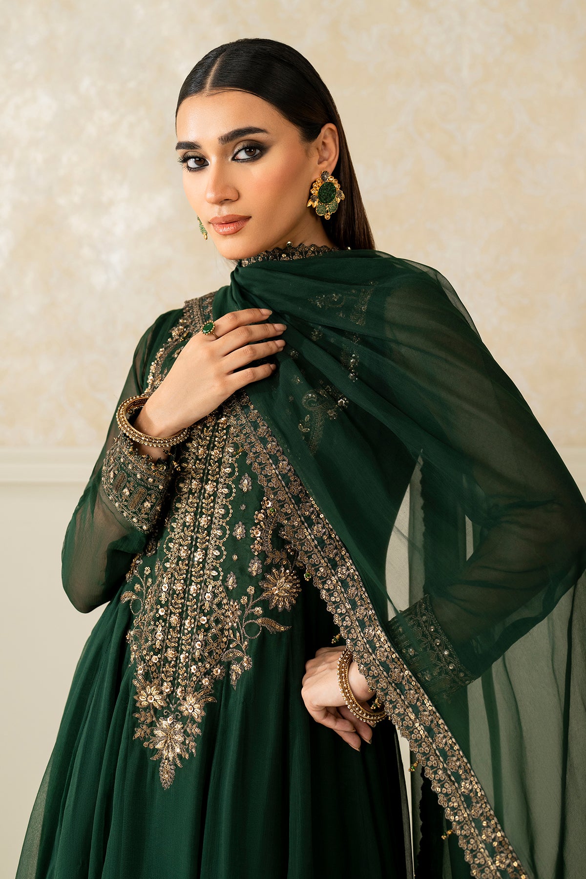 Pakistani Deep Green Embroidered Chiffon Anarkali Dress (3-Piece) - Image 7