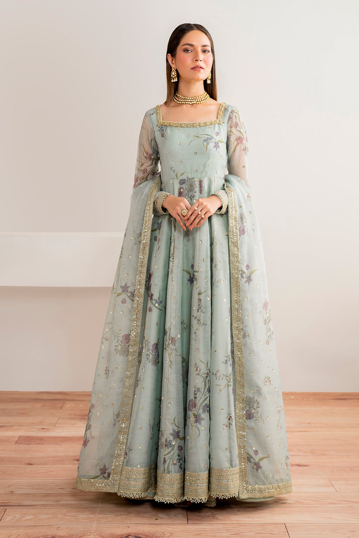 Mint Green Embroidered Cotton Patti Anarkali Dress (3-Piece) - Image 1