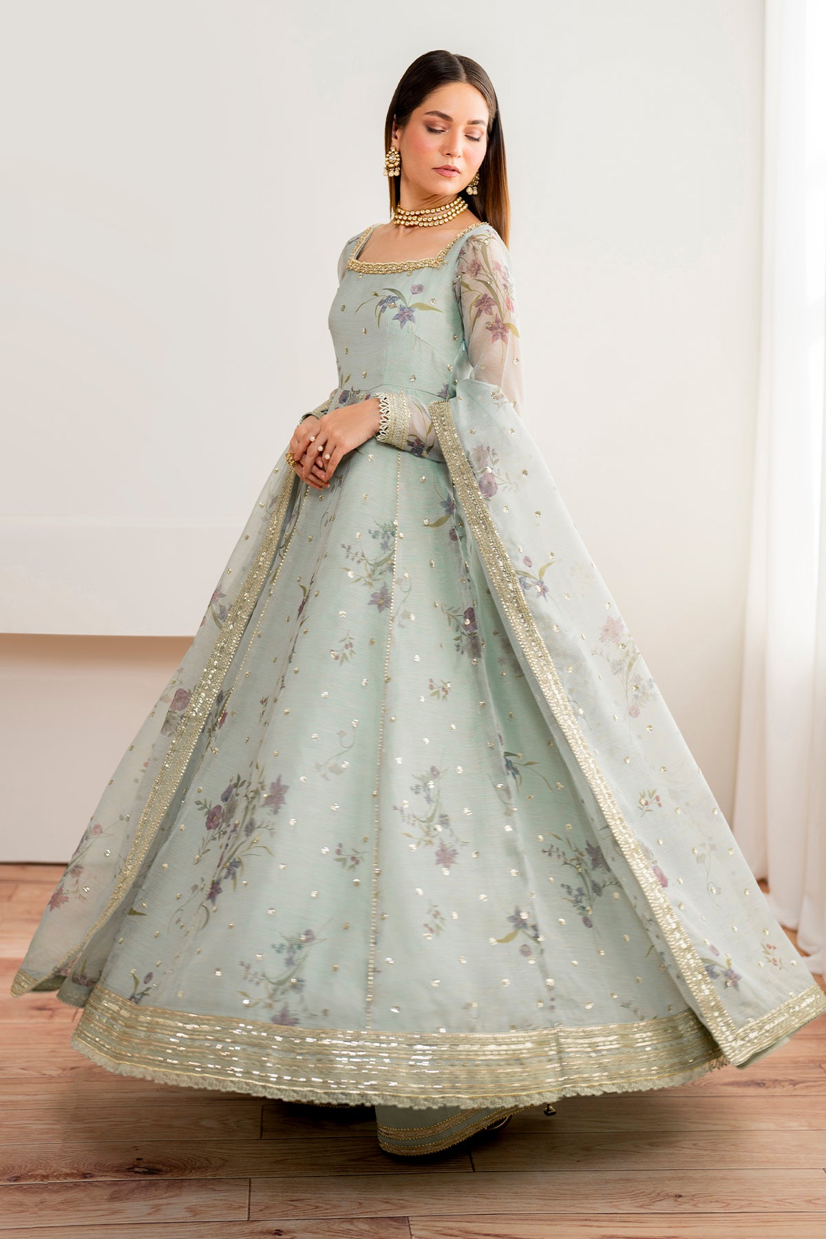 Mint Green Embroidered Cotton Patti Anarkali Dress (3-Piece) - Image 2