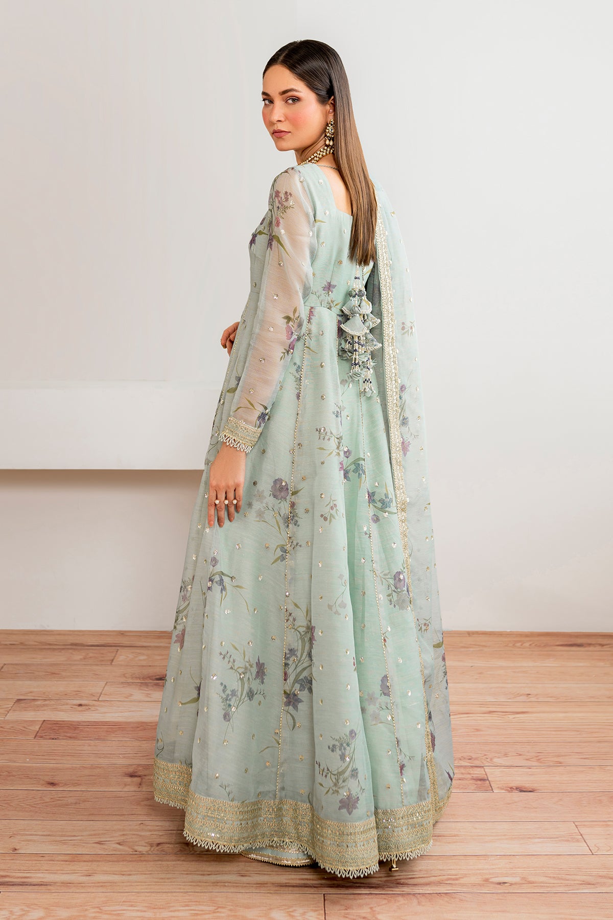 Mint Green Embroidered Cotton Patti Anarkali Dress (3-Piece) - Image 3