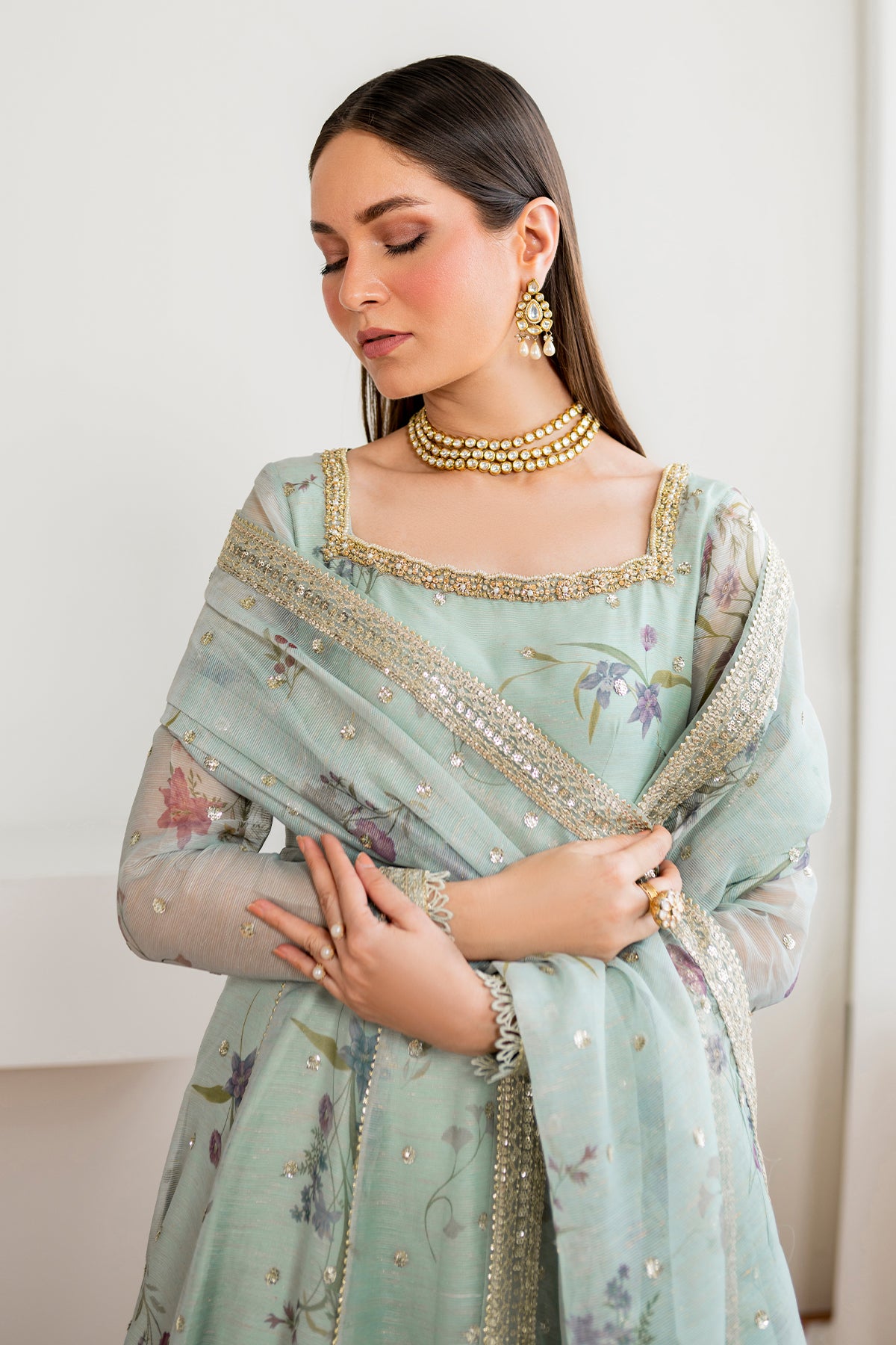 Mint Green Embroidered Cotton Patti Anarkali Dress (3-Piece) - Image 4