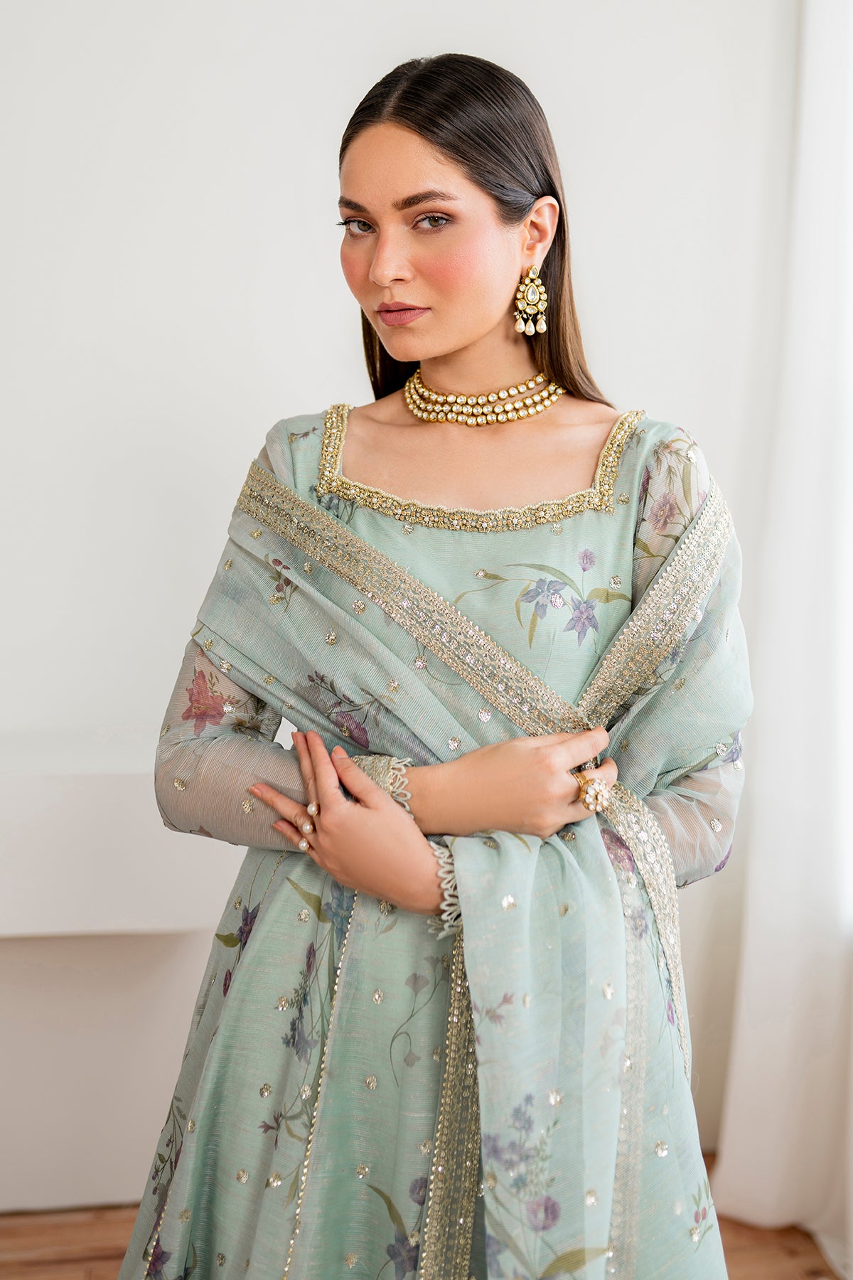 Mint Green Embroidered Cotton Patti Anarkali Dress (3-Piece) - Image 5