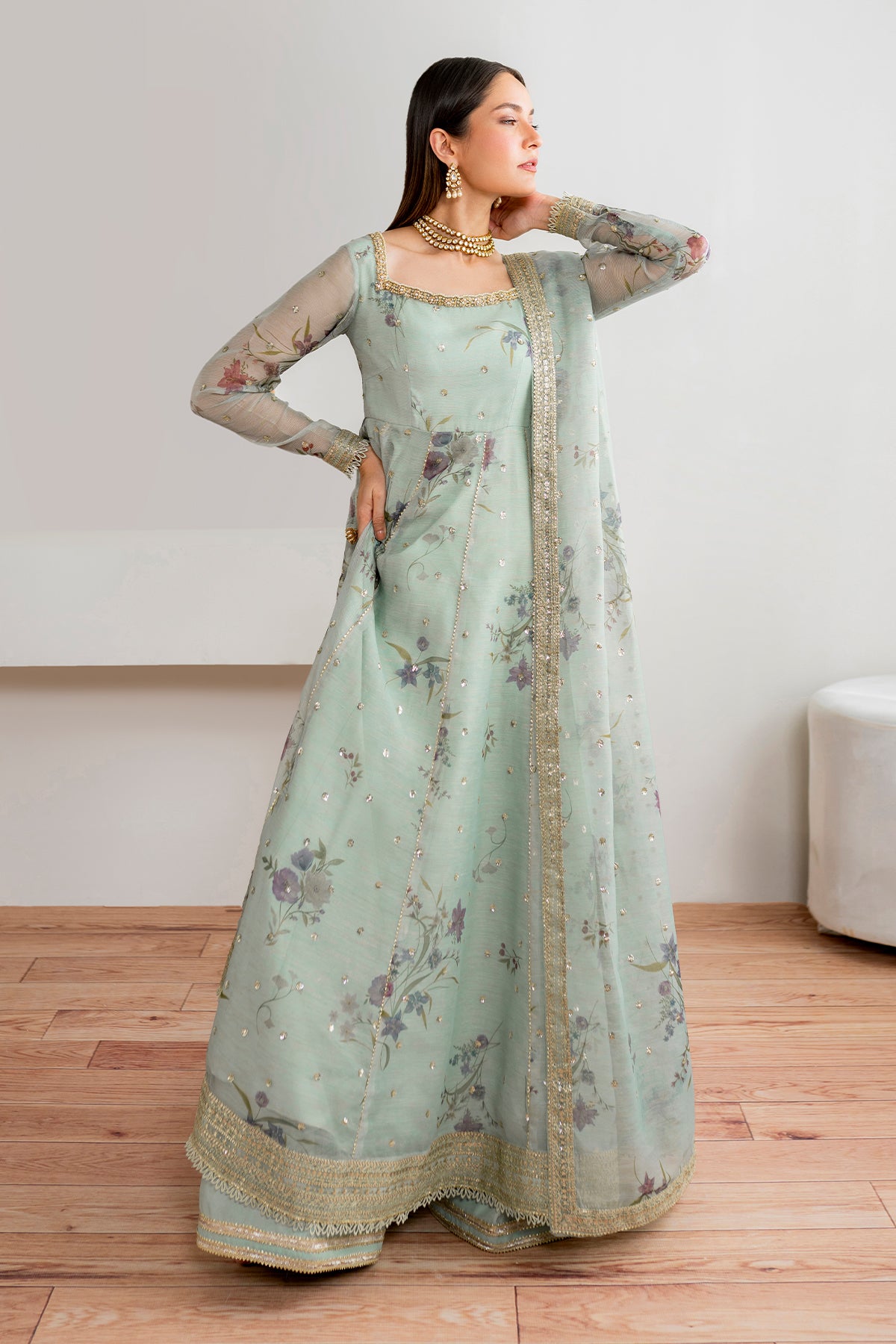 Mint Green Embroidered Cotton Patti Anarkali Dress (3-Piece) - Image 6