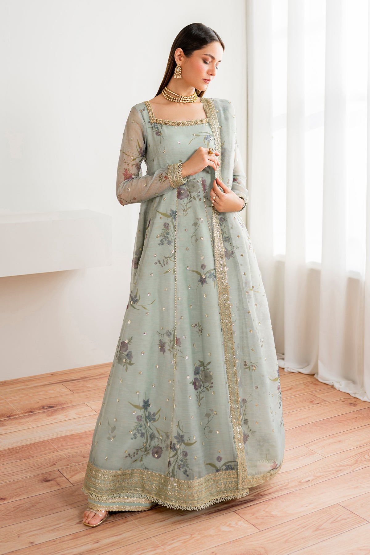 Mint Green Embroidered Cotton Patti Anarkali Dress (3-Piece) - Image 7