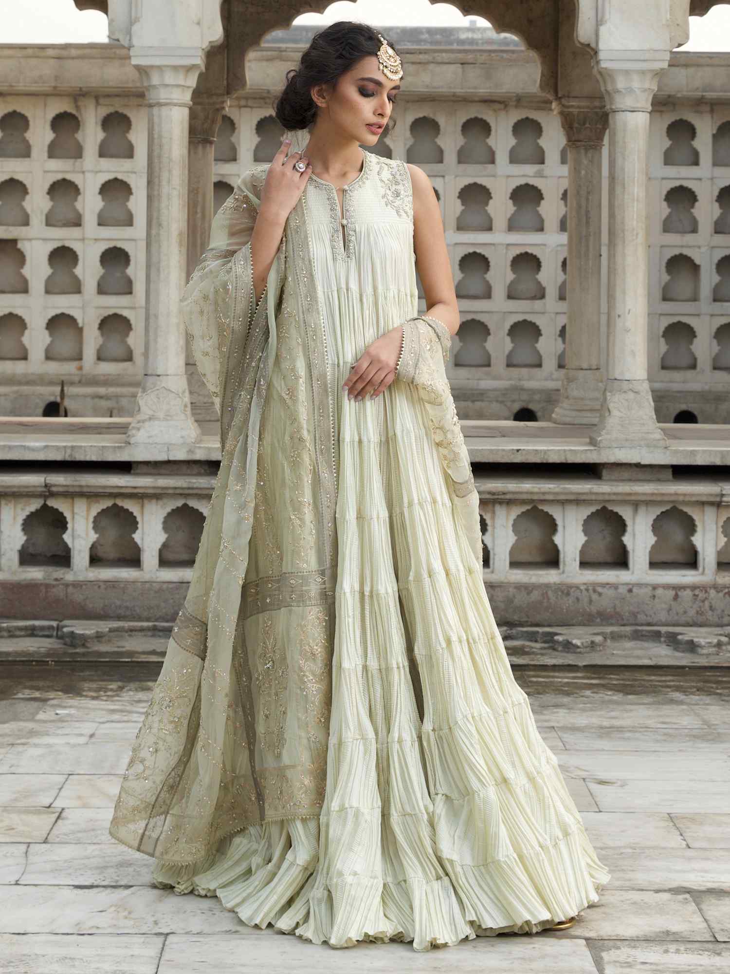 Pakistani Sage Zardozi Crushed Silk Anarkali (2-Piece) - Image 1