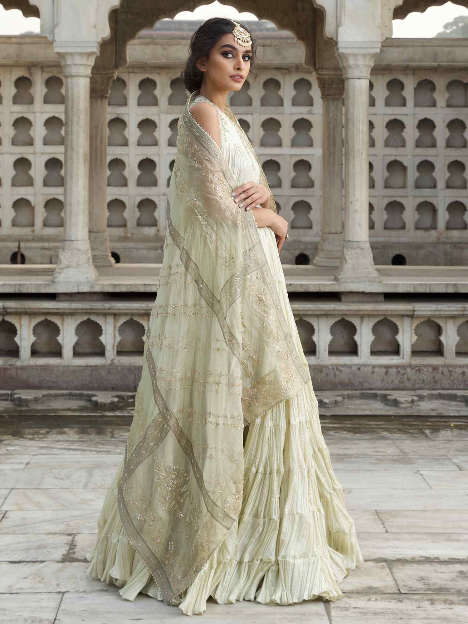 Pakistani Sage Zardozi Crushed Silk Anarkali (2-Piece) - Image 3